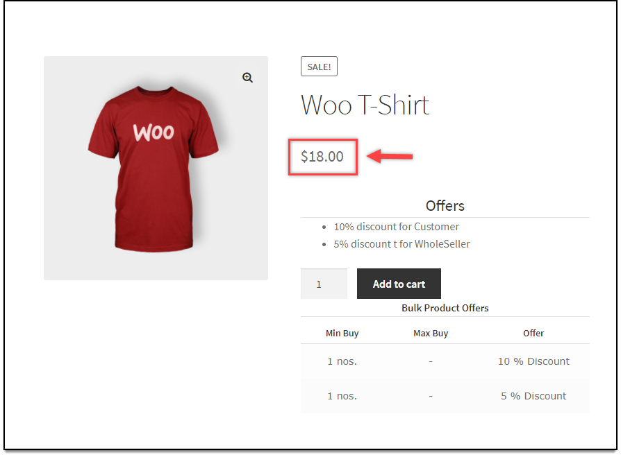 WooCommerce product page showing a struck-out price from dynamic pricing