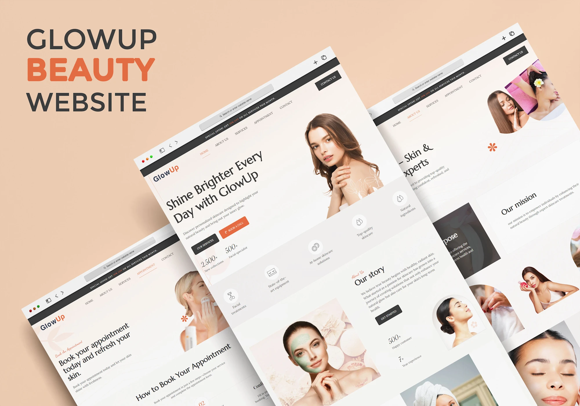GlowUp Beauty 2 GlowUp Beauty WordPress website pages shown in a tilted mockup