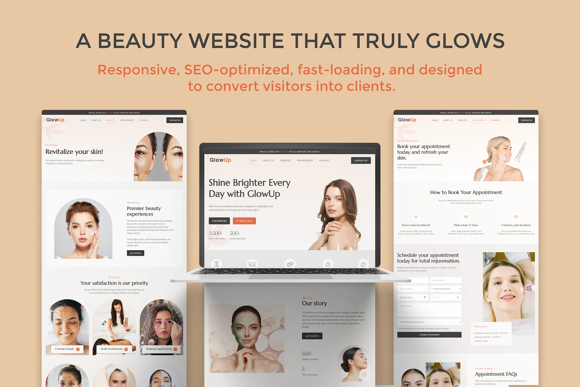GlowUp Beauty website on a laptop, tablet and phone