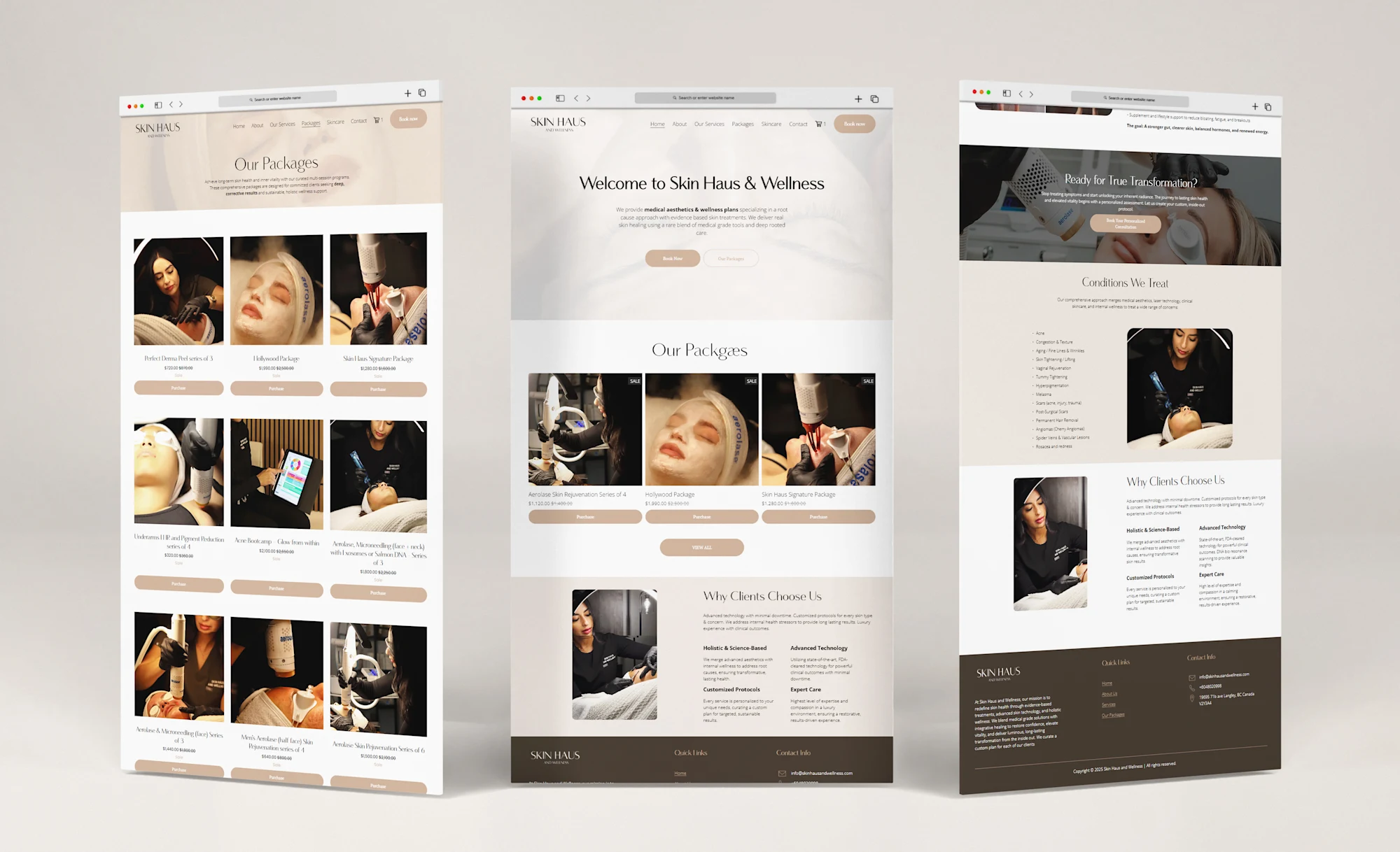 Skin Haus & Wellness 3 Home, packages and services pages of the Skin Haus and Wellness website