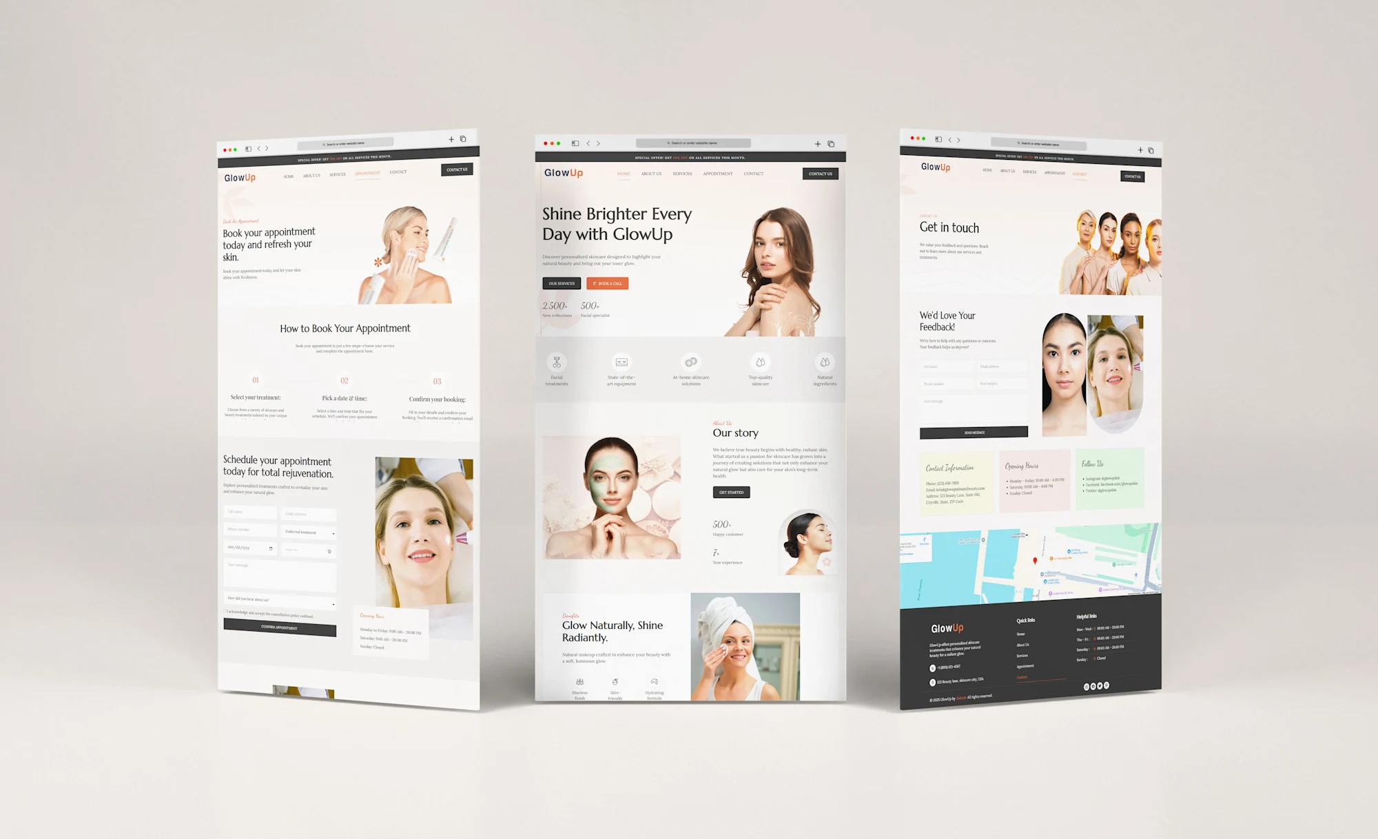 GlowUp Beauty 3 Three pages of the GlowUp Beauty website side by side