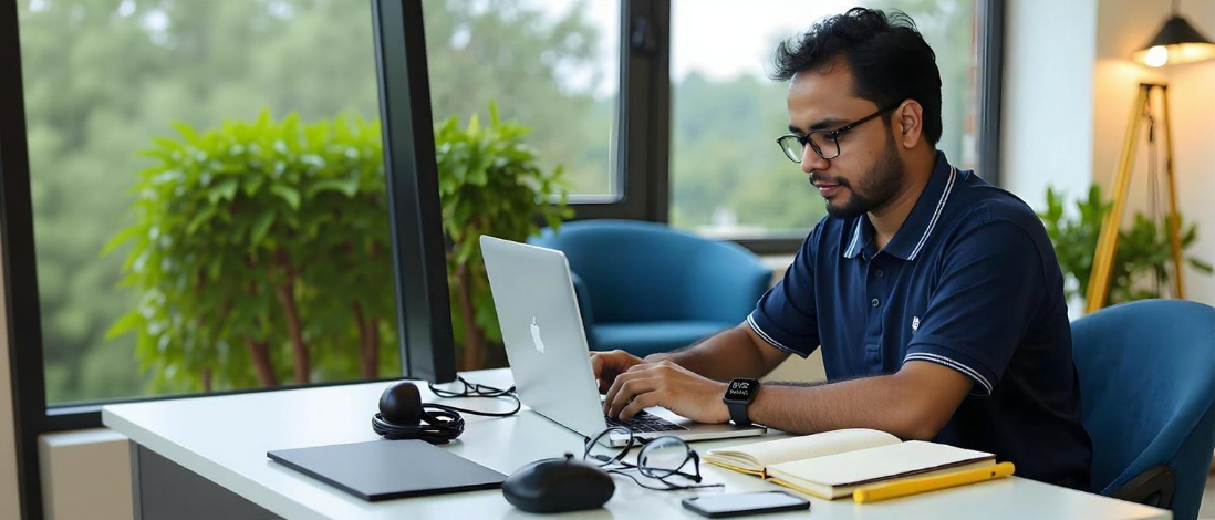 Sukesh Das working on a laptop at his desk in Habiganj, Bangladesh