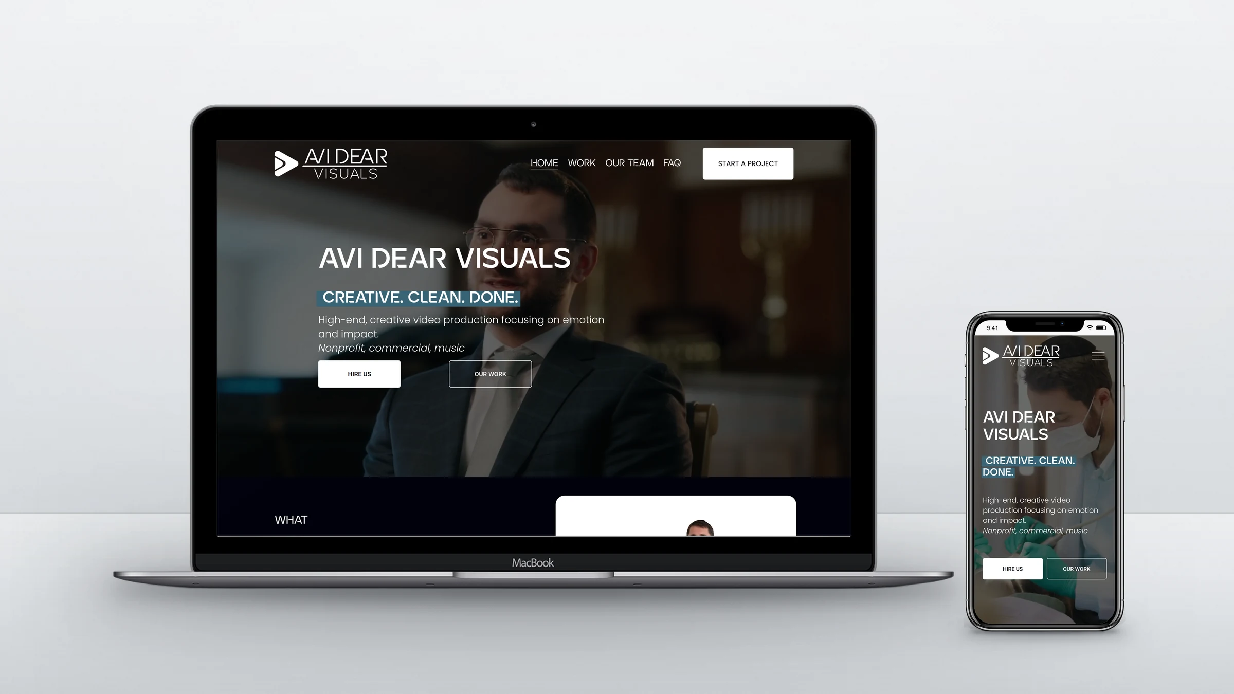 Avi Dear Visuals homepage on a laptop and a phone