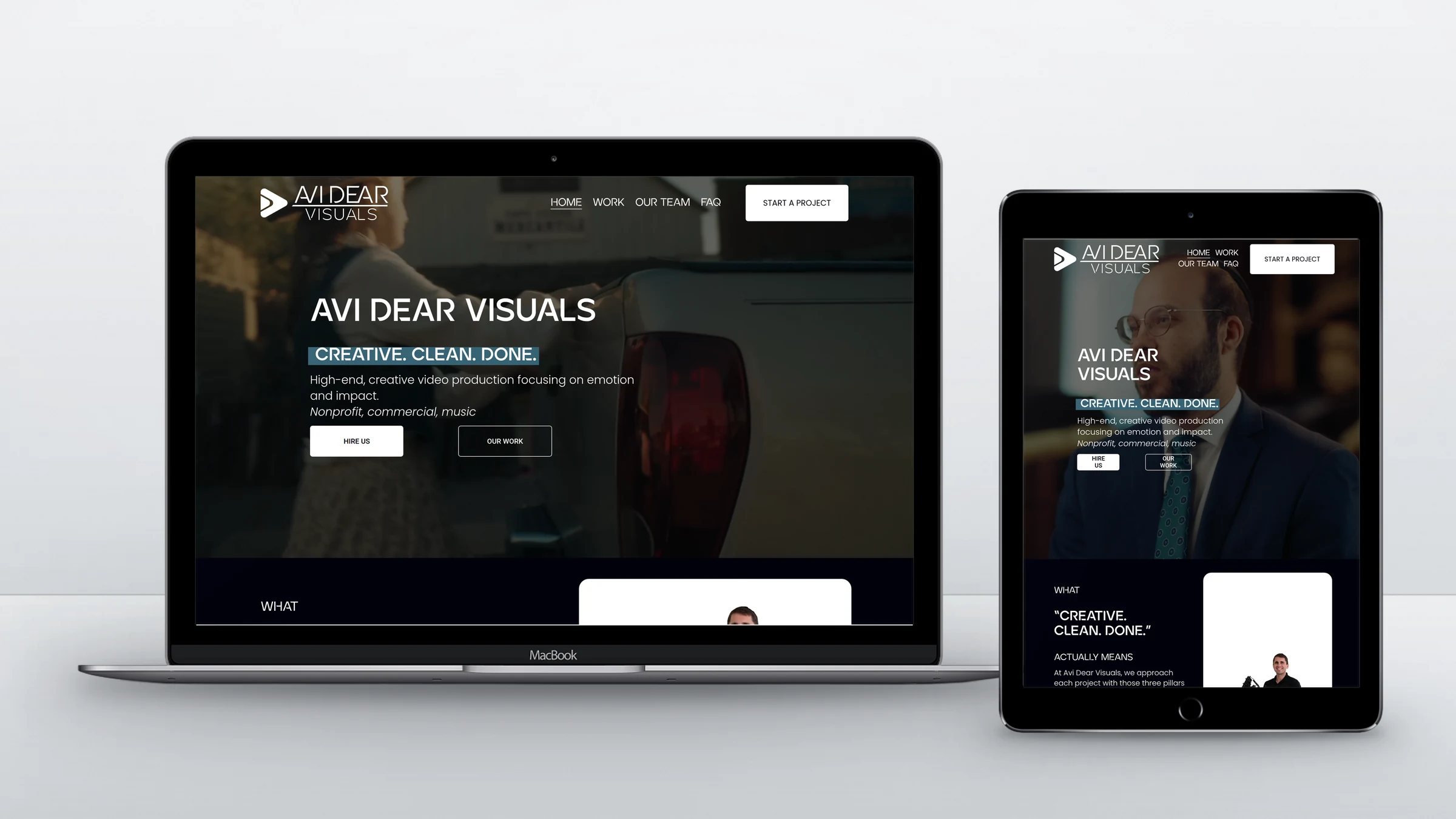 Avi Dear Visuals 5 Avi Dear Visuals homepage on a laptop and a tablet