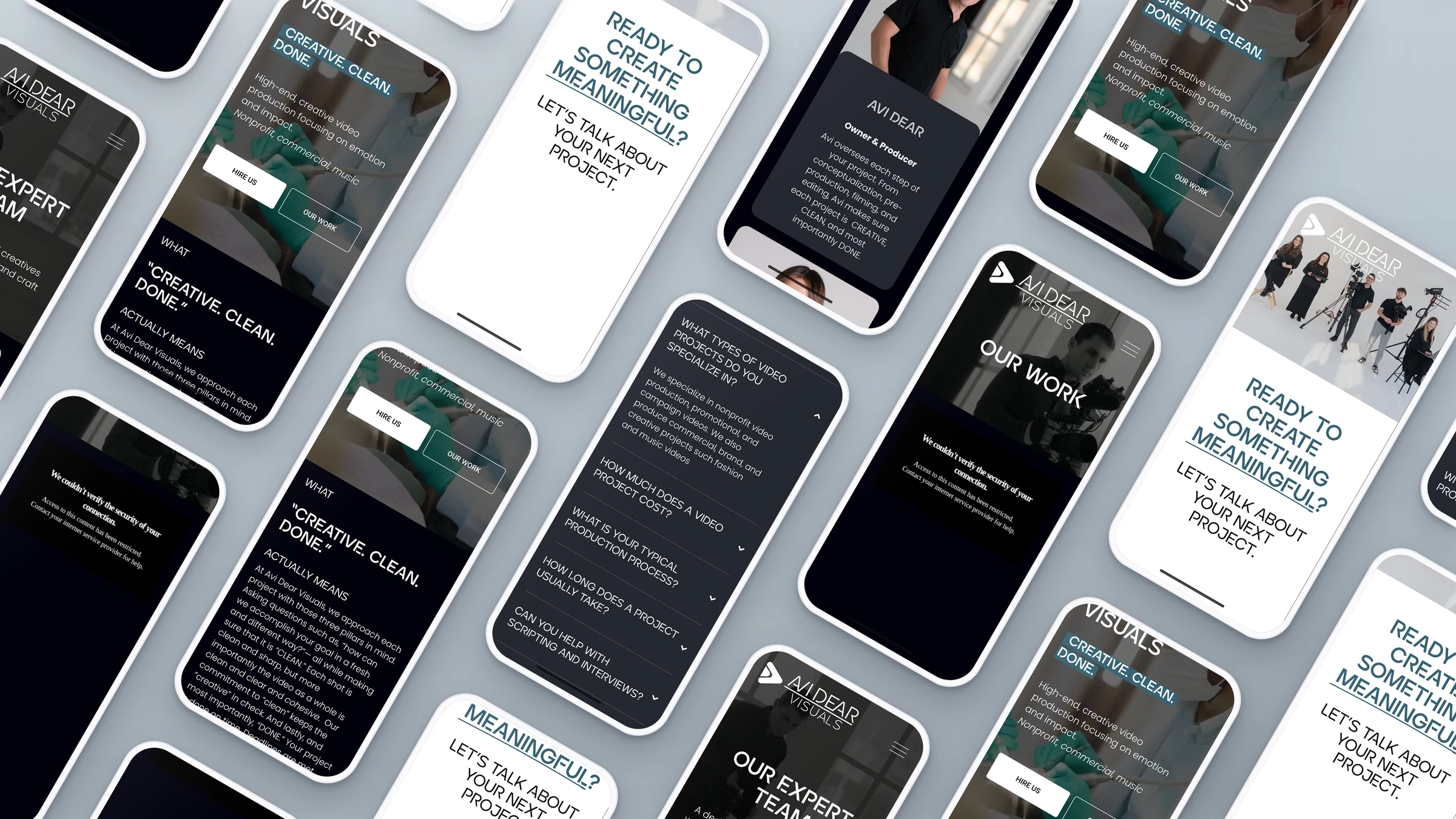 Avi Dear Visuals 2 Avi Dear Visuals website pages on rows of phones