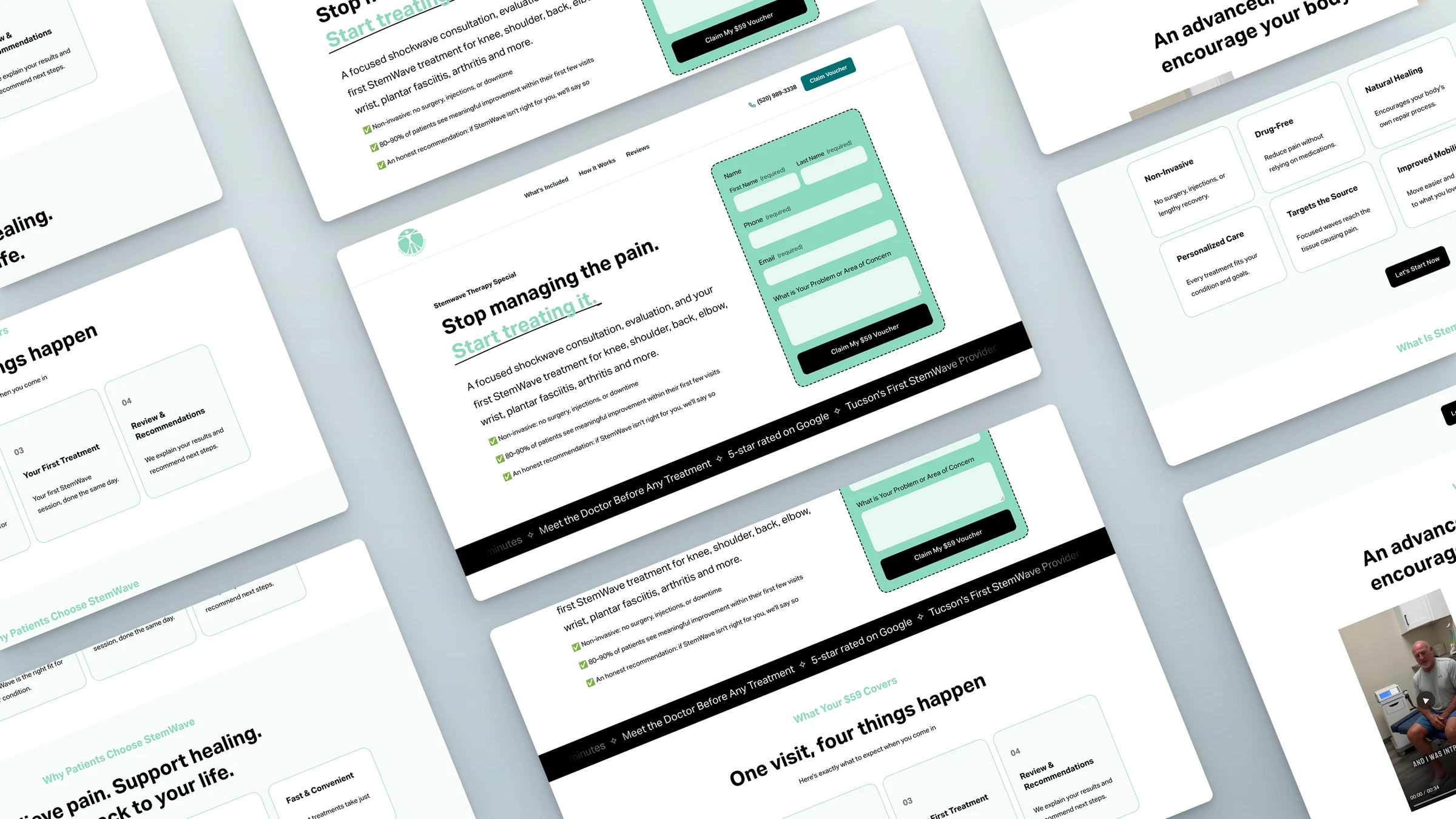 AZ Vitality StemWave Landing Page 4 StemWave landing page sections laid out at an angle