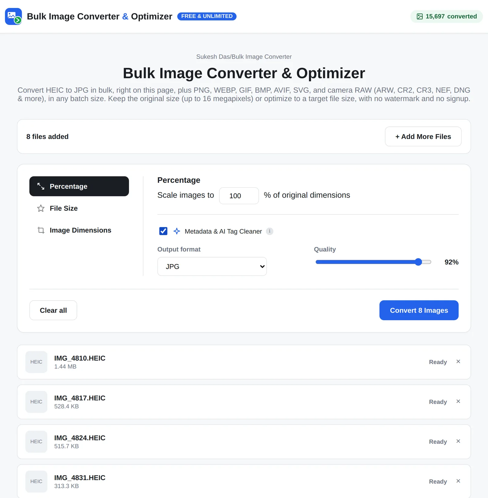 How to Convert HEIC to JPG in Bulk (Windows, Mac and iPhone) 2 Bulk Image Converter with eight HEIC photos added, JPG output and the Metadata and AI Tag Cleaner turned on