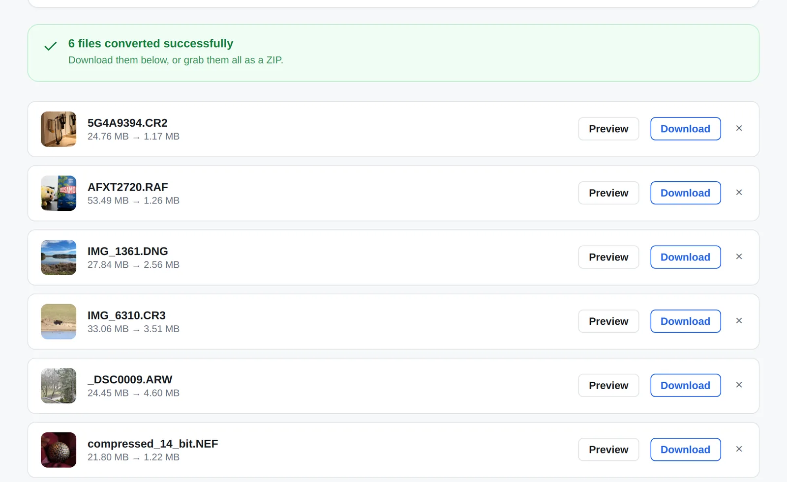 Bulk Image Converter & Optimizer 4 Six RAW files converted to JPG at 90% quality, from 21 to 53 MB down to 1 to 5 MB each