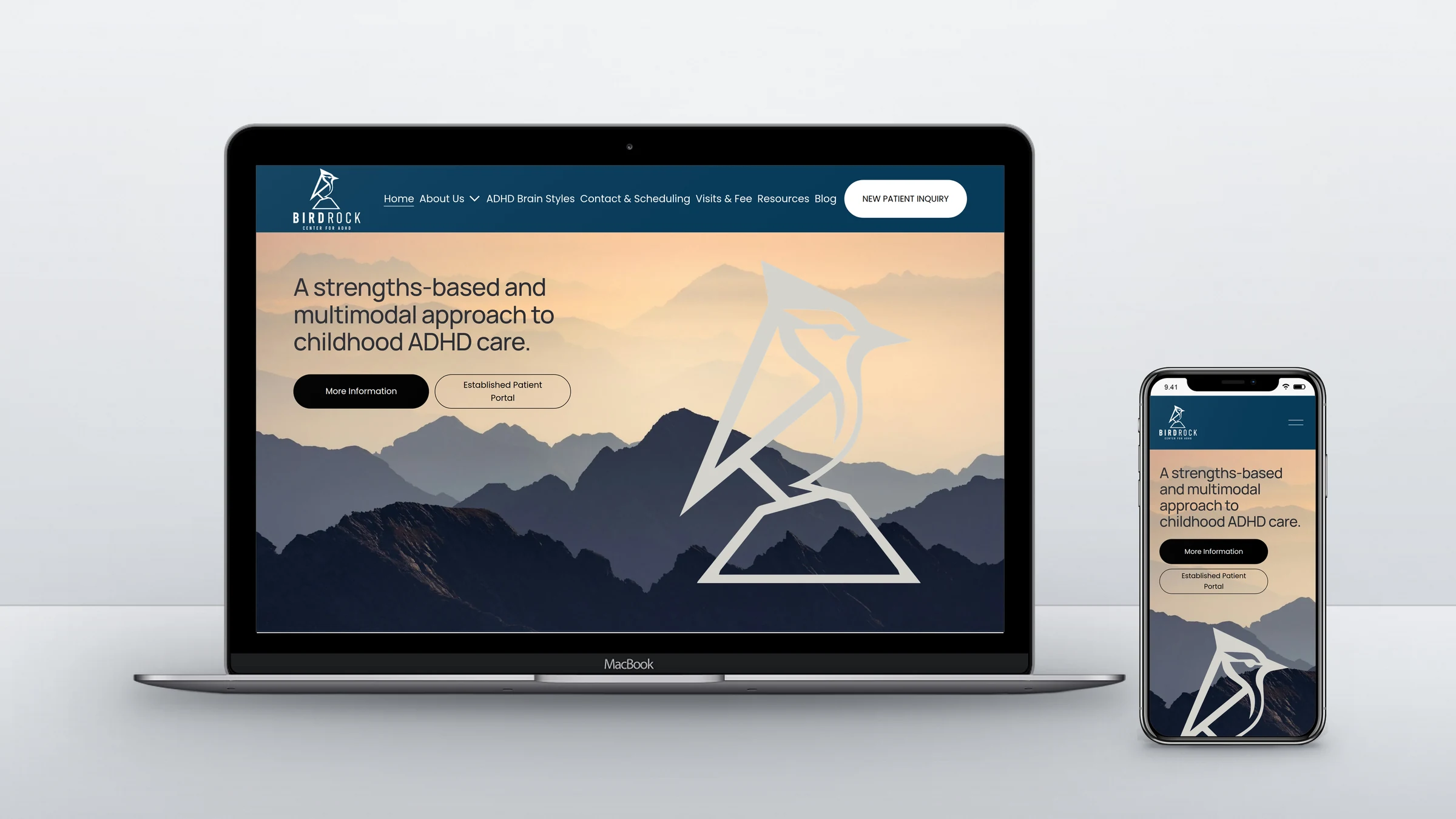 Birdrock Center for ADHD homepage on a laptop and a phone