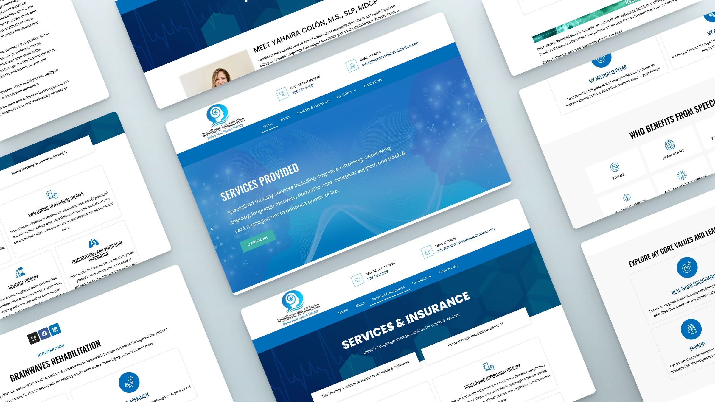 BrainWaves Rehabilitation 3 BrainWaves Rehabilitation website sections laid out at an angle
