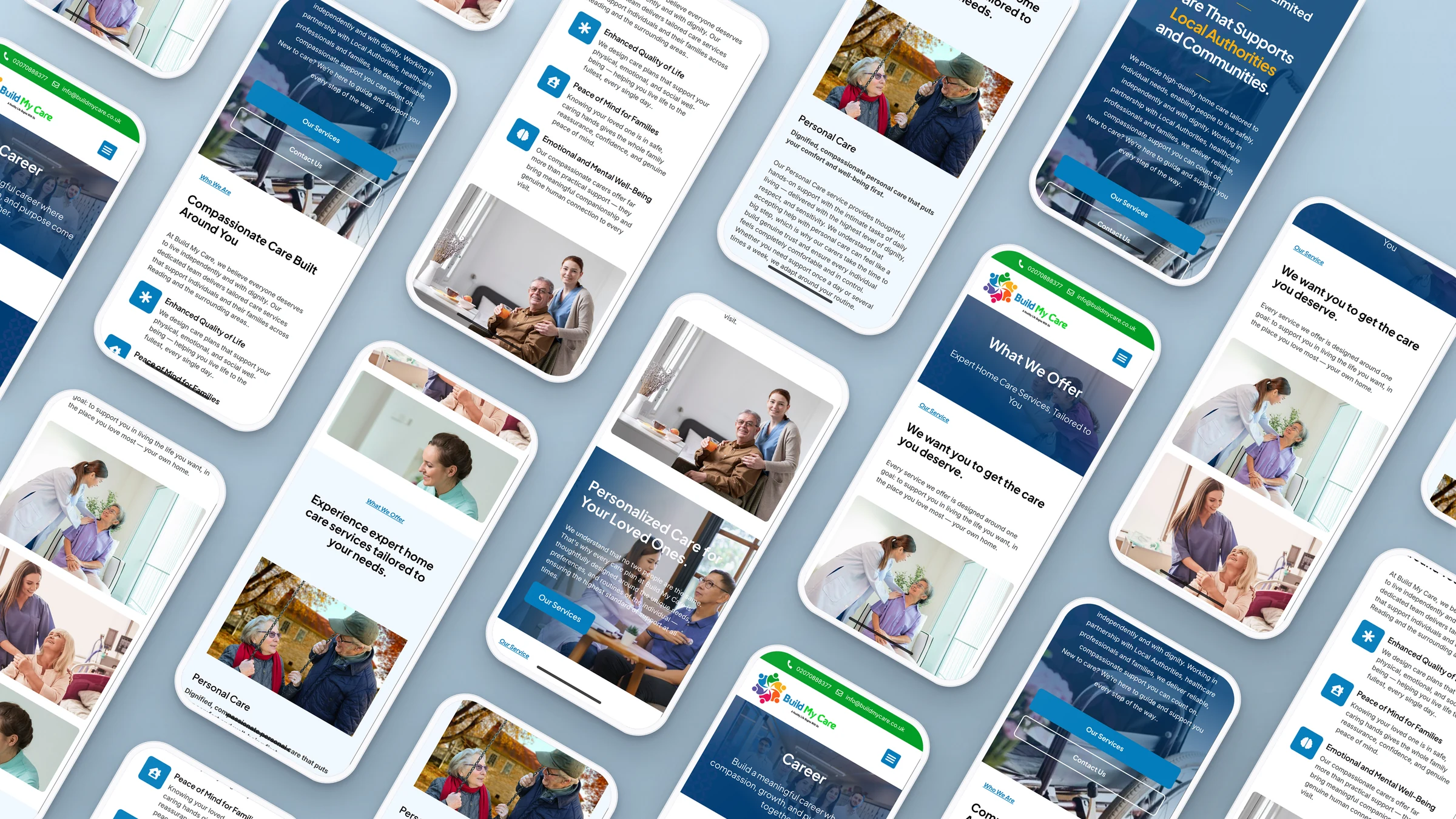 Build My Care 5 Build My Care website pages on rows of phones