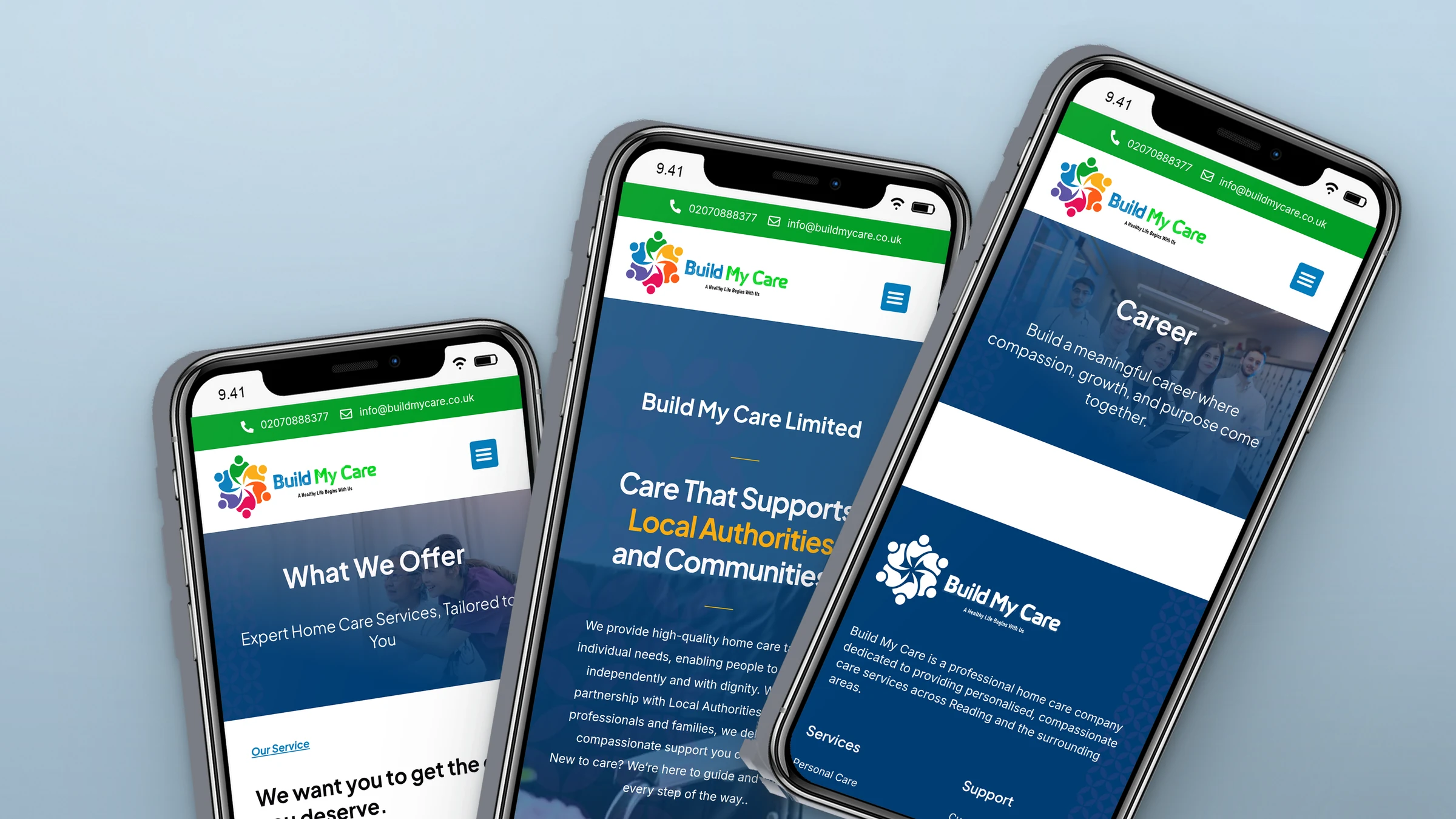 Build My Care 2 Build My Care website on three phones
