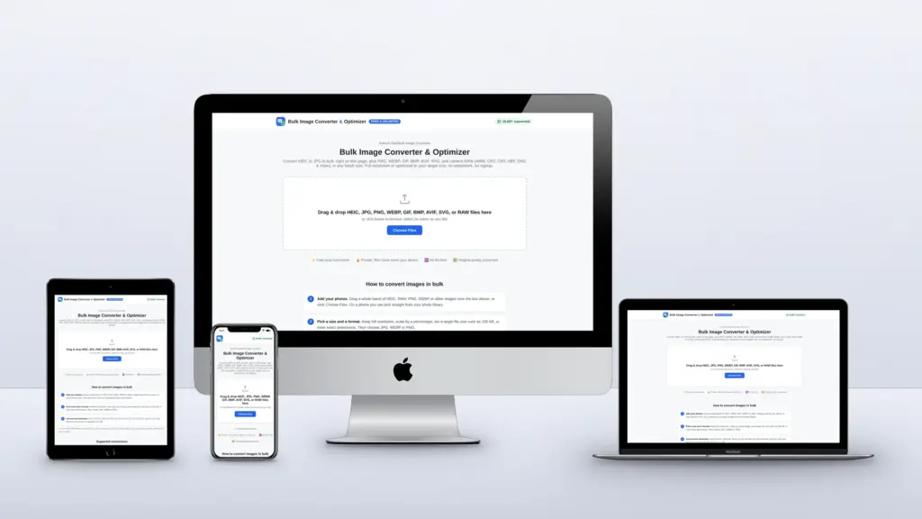 Bulk Image Converter & Optimizer website on a desktop, laptop, tablet and phone