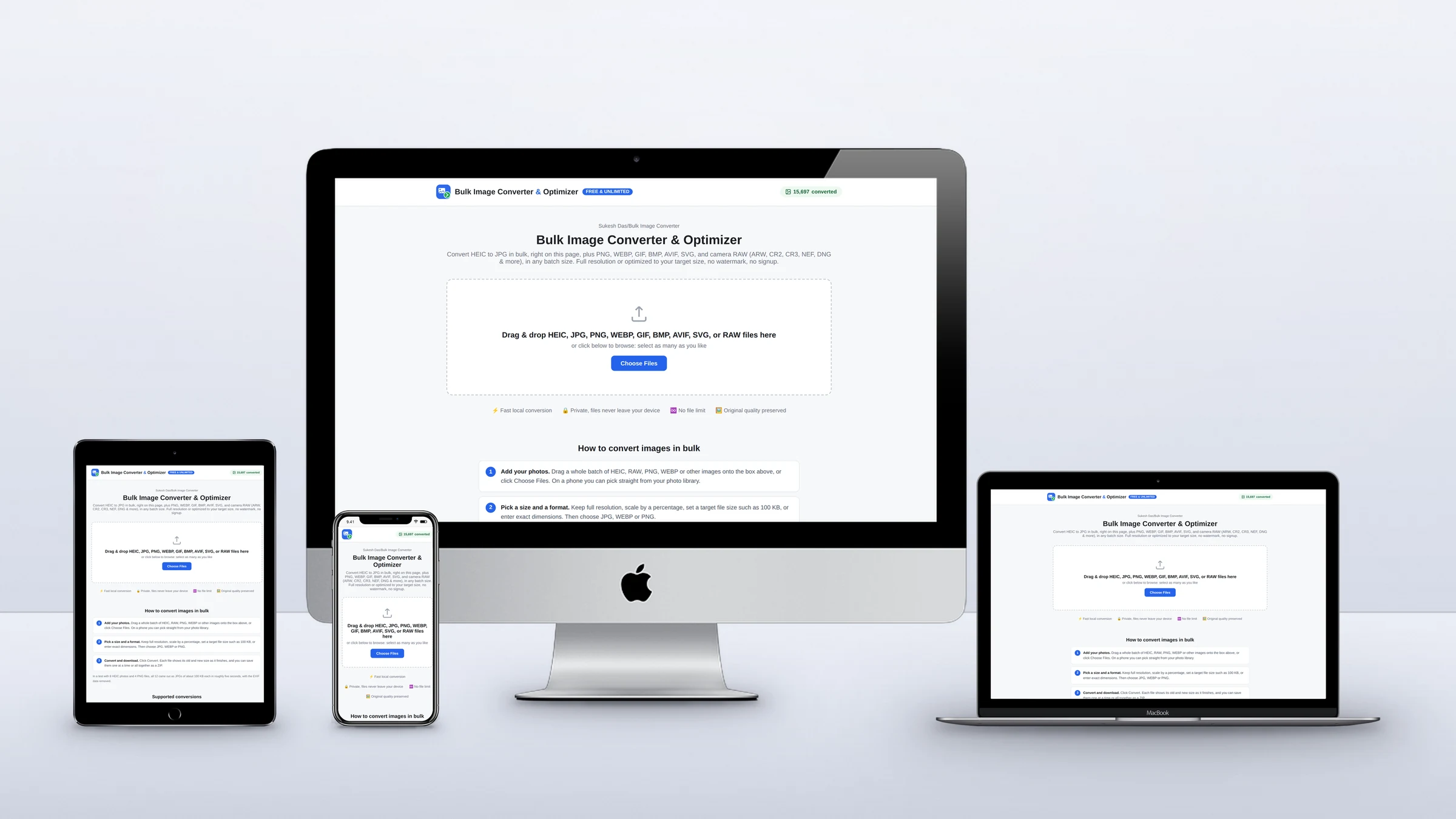 Bulk Image Converter & Optimizer 2 Bulk Image Converter & Optimizer website on a desktop, laptop, tablet and phone