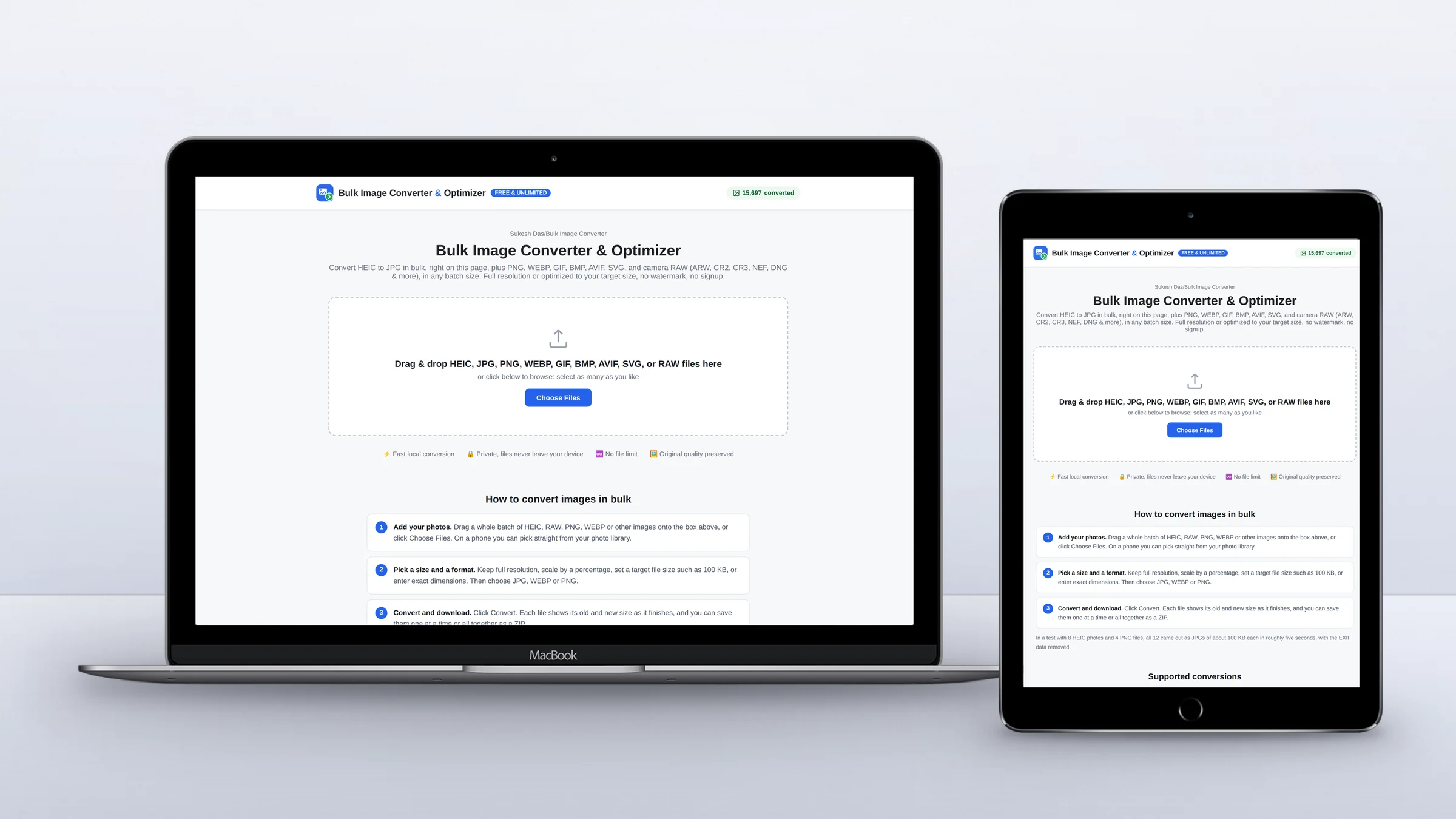 Bulk Image Converter & Optimizer homepage on a laptop and a tablet