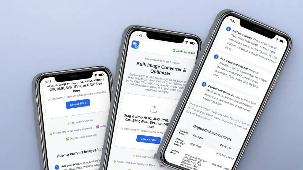 Bulk Image Converter & Optimizer website on three phones