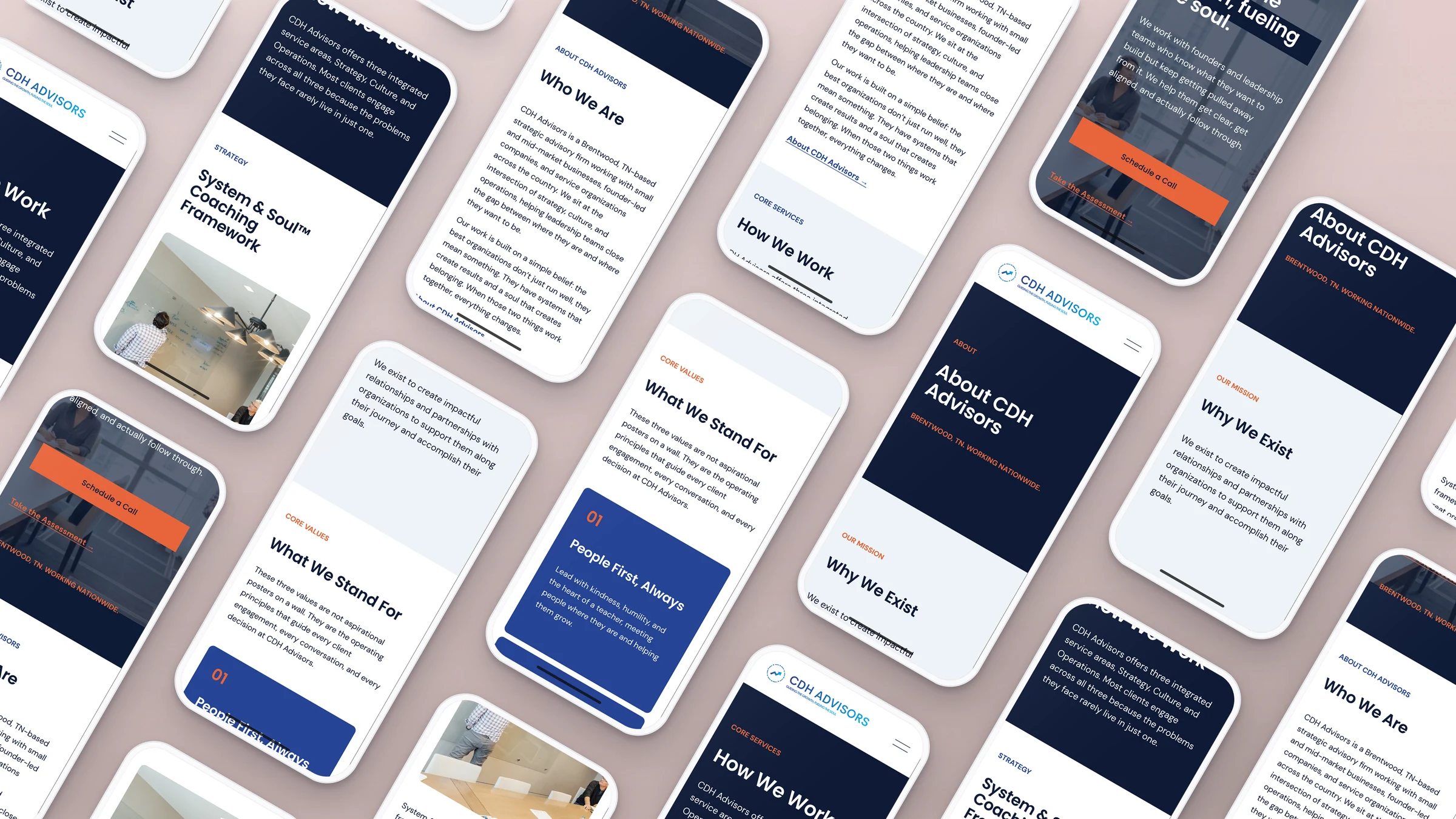 CDH Advisors website pages on rows of phones