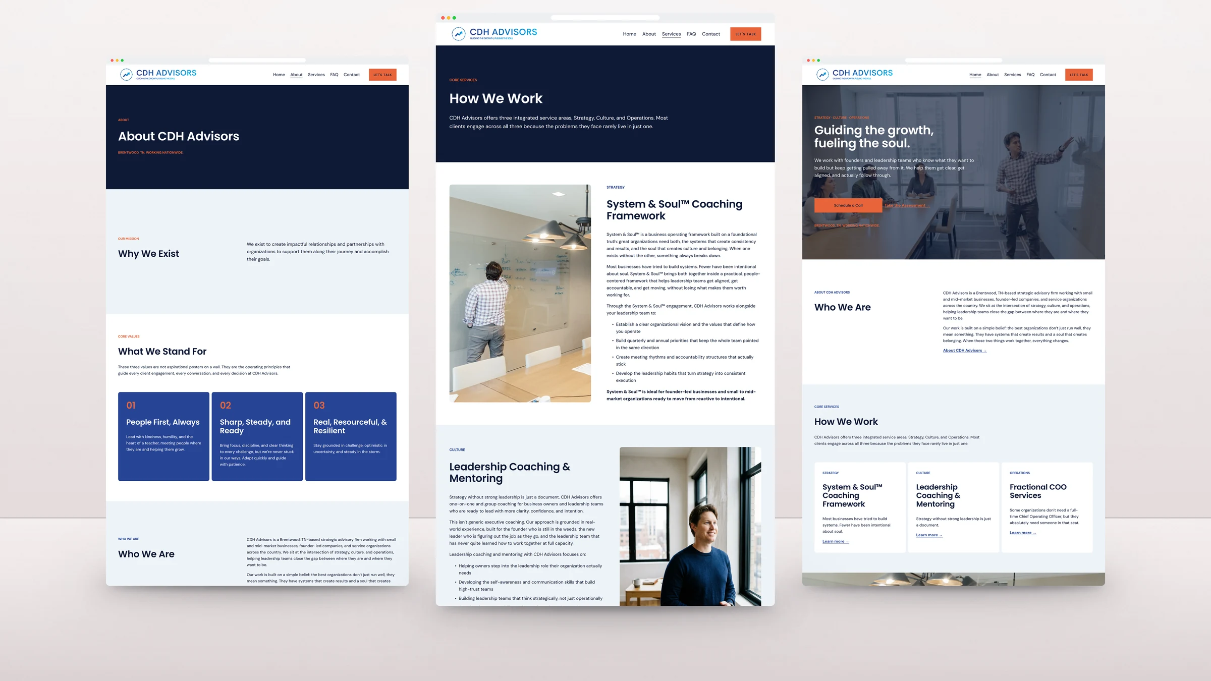 CDH Advisors website pages standing side by side