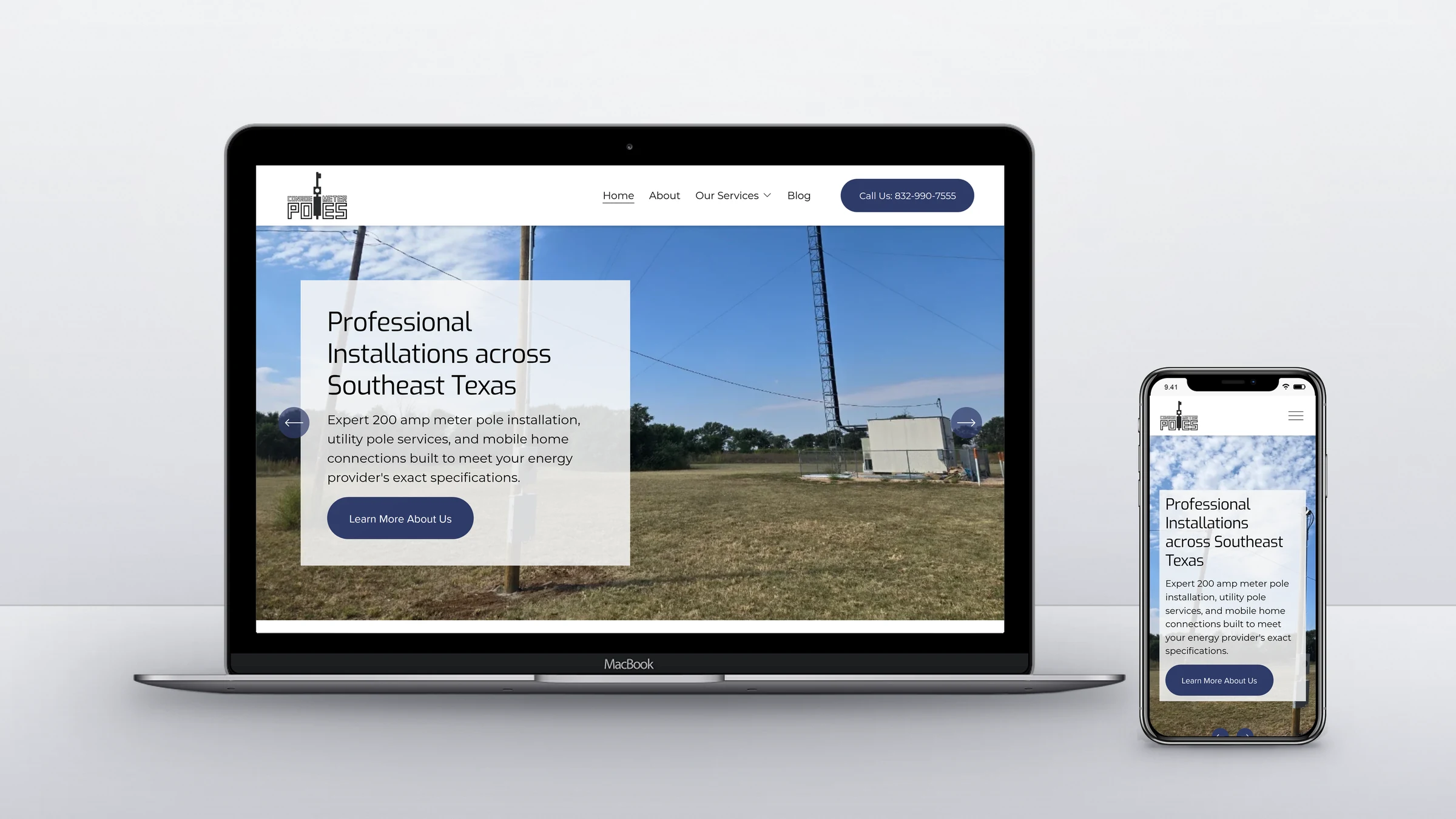 Conroe Meter Poles homepage on a laptop and a phone