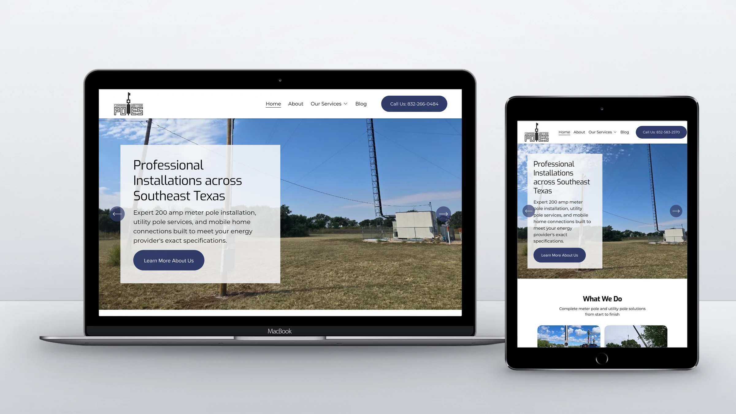 Conroe Meter Poles 2 Conroe Meter Poles homepage on a laptop and a tablet