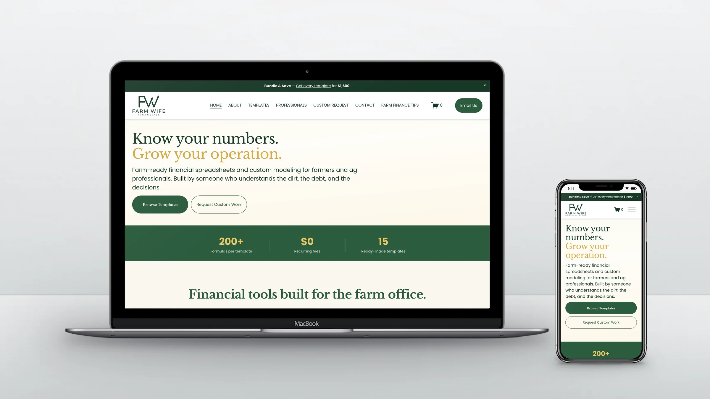 Farm Wife Financials homepage on a laptop and a phone