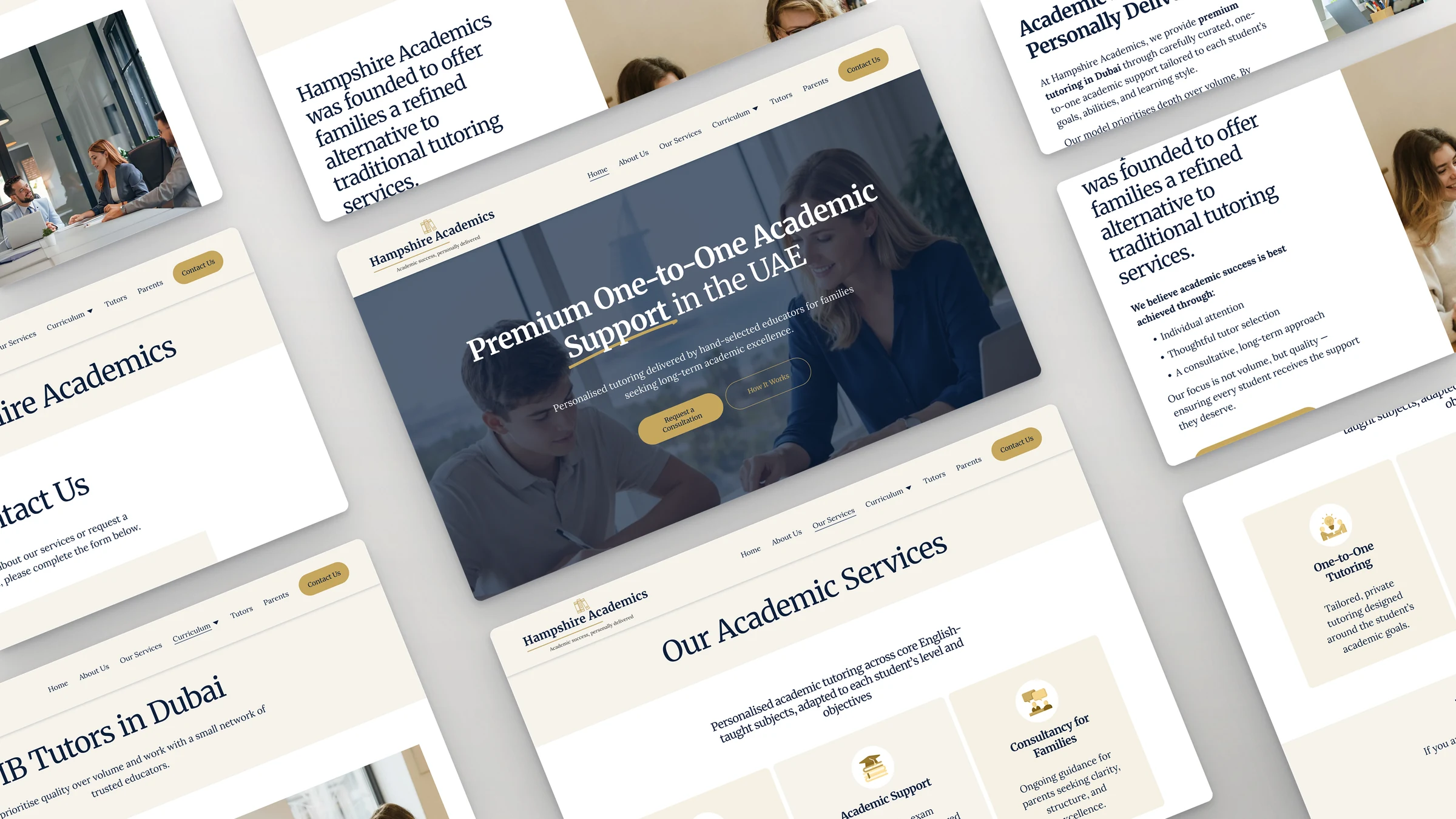 Hampshire Academics 3 Hampshire Academics website sections laid out at an angle