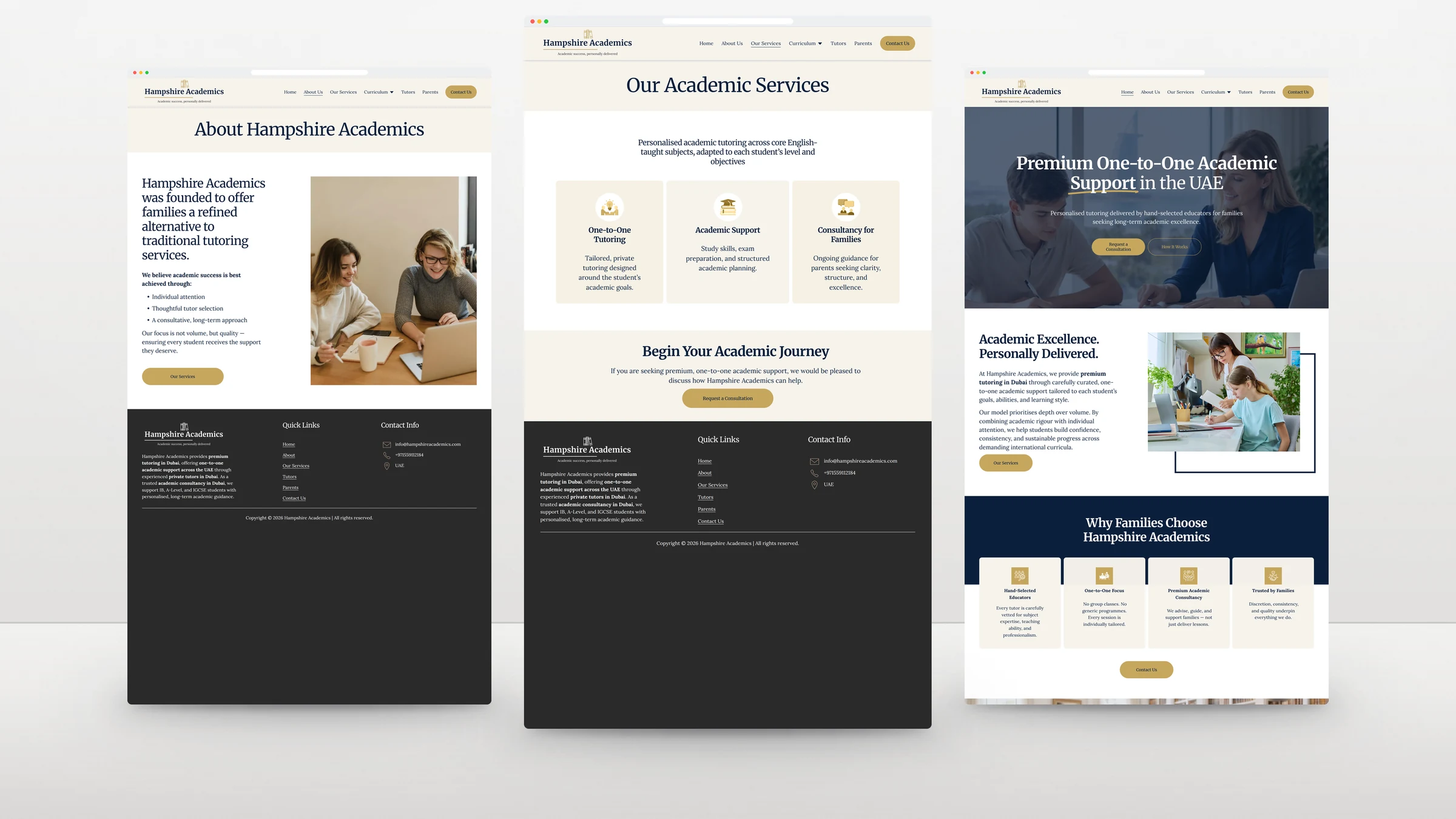 Hampshire Academics 4 Hampshire Academics website pages standing side by side