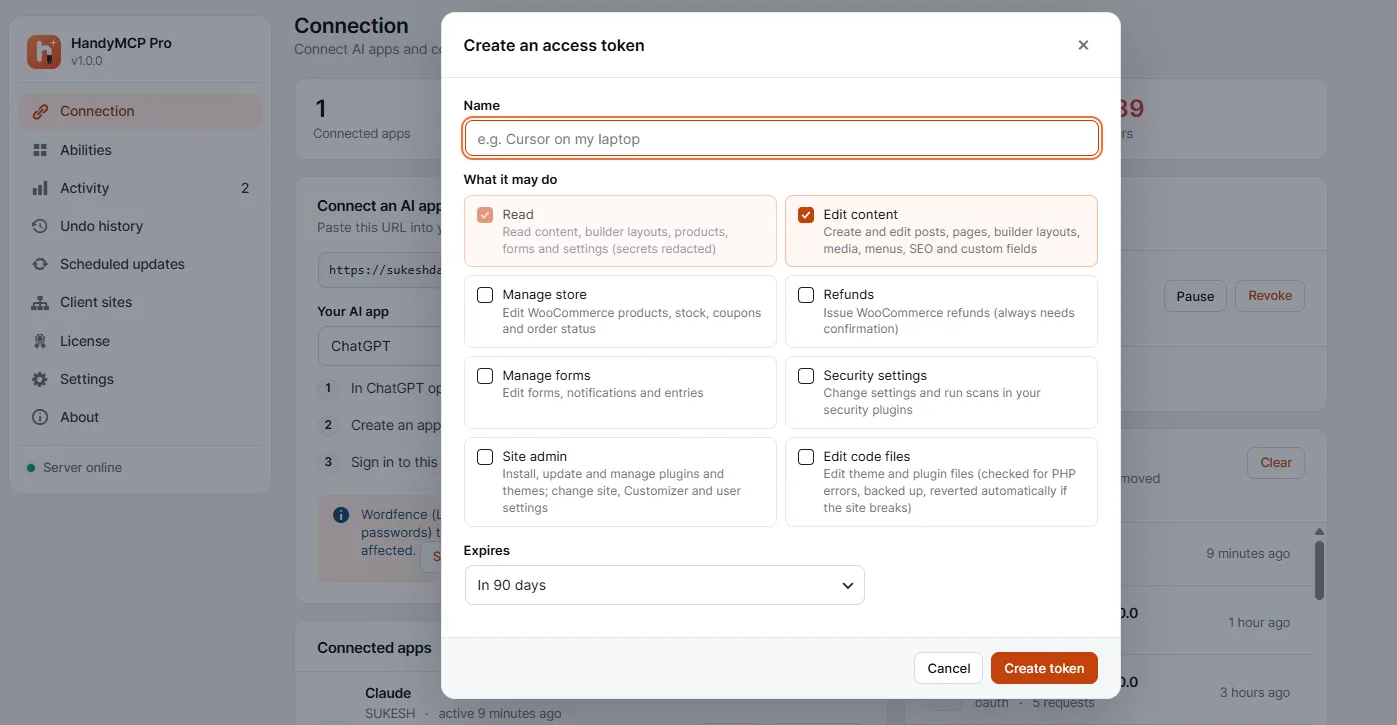 HandyMCP: The Free WordPress MCP Server Plugin I Built for Claude, ChatGPT and Cursor 2 Create an access token in HandyMCP to connect Cursor, VS Code or Claude Code to WordPress