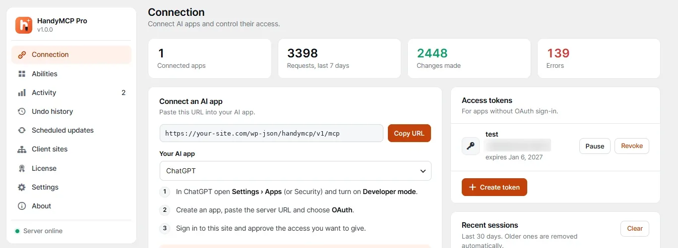 HandyMCP: The Free WordPress MCP Server Plugin I Built for Claude, ChatGPT and Cursor 1 HandyMCP connection screen to connect Claude, ChatGPT or Cursor to WordPress with an MCP server URL