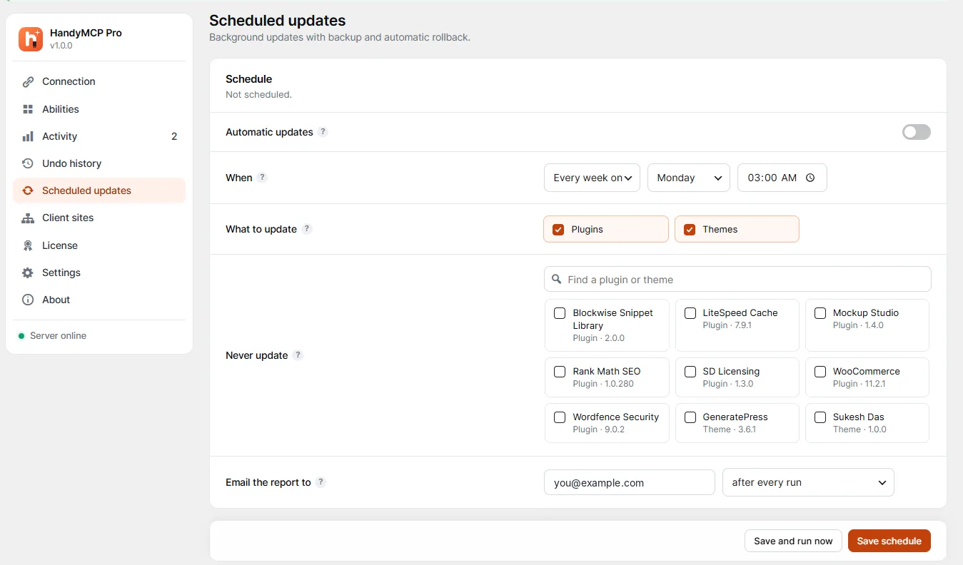 HandyMCP: The Free WordPress MCP Server Plugin I Built for Claude, ChatGPT and Cursor 3 HandyMCP scheduled updates: update WordPress plugins safely with backup, automatic rollback and email report