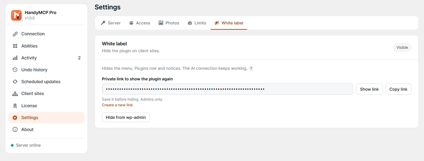 HandyMCP: The Free WordPress MCP Server Plugin I Built for Claude, ChatGPT and Cursor 5 HandyMCP white label settings to hide the WordPress MCP plugin on client sites