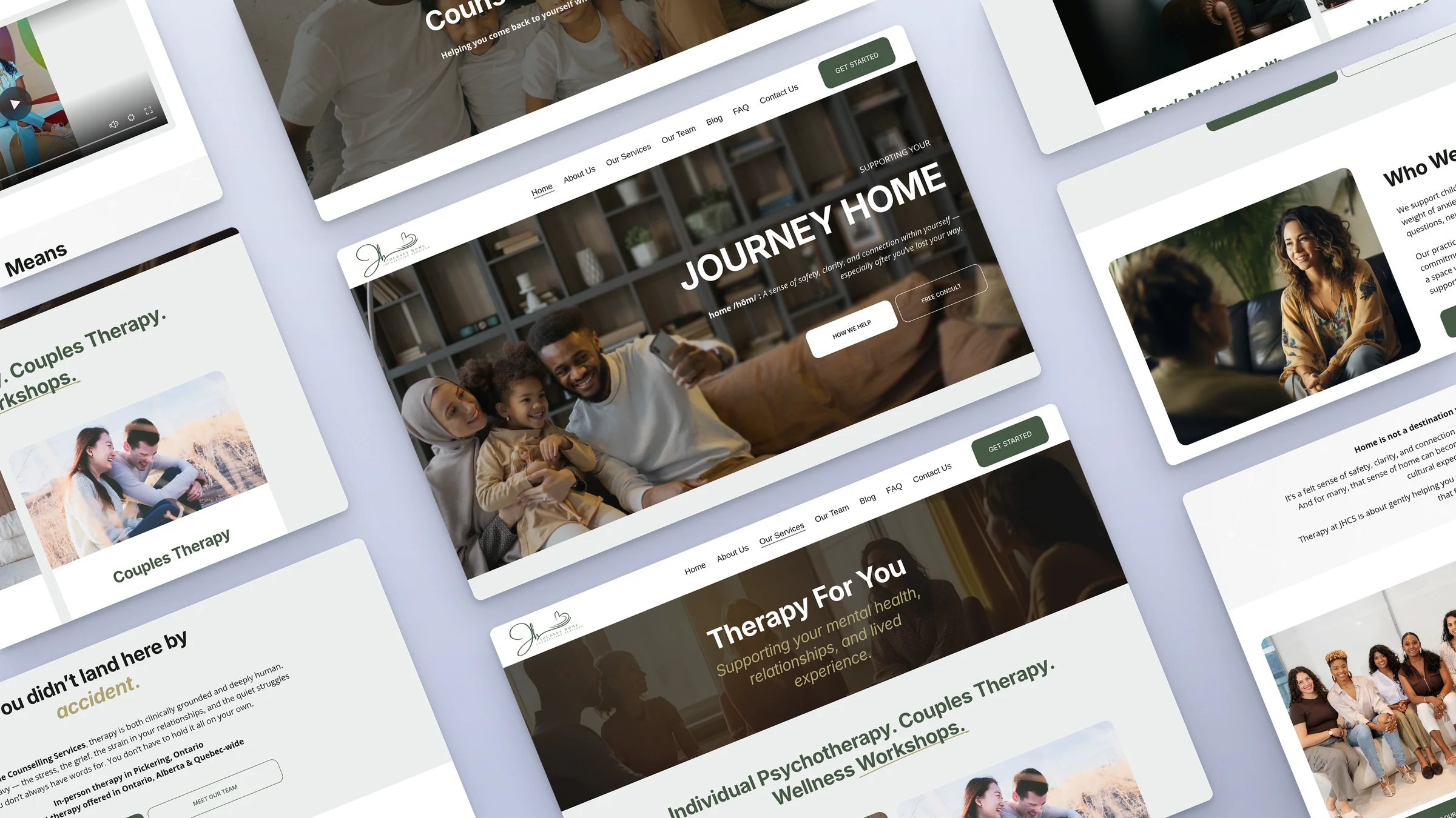 Journey Home Counselling 5 Journey Home Counselling website sections laid out at an angle
