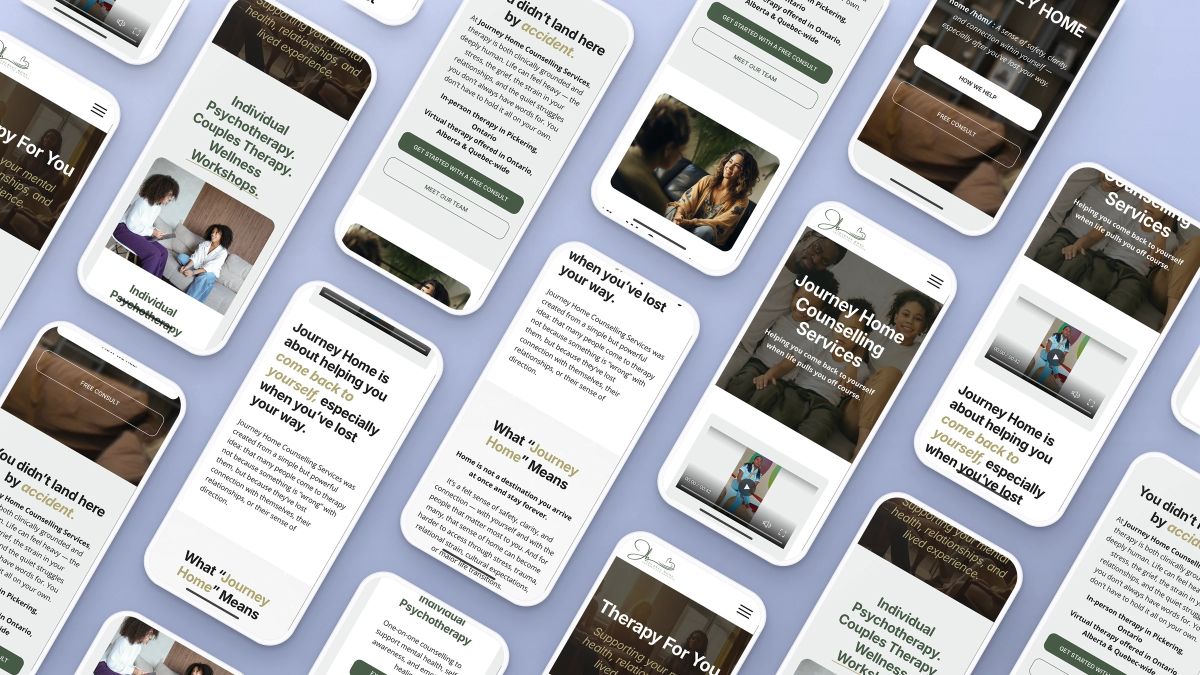 Journey Home Counselling 4 Journey Home Counselling website pages on rows of phones