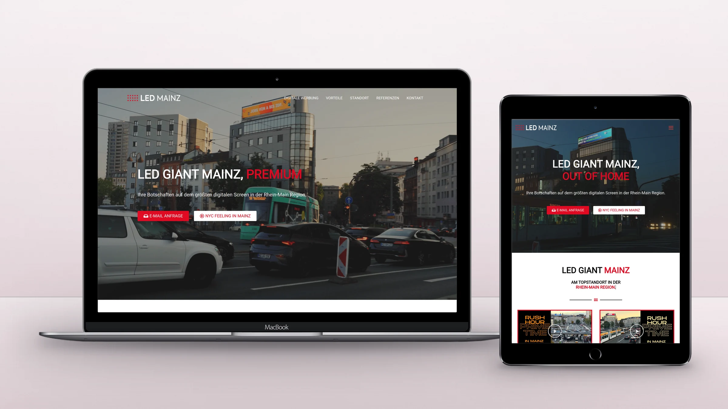 LED Giant Mainz homepage on a laptop and a tablet