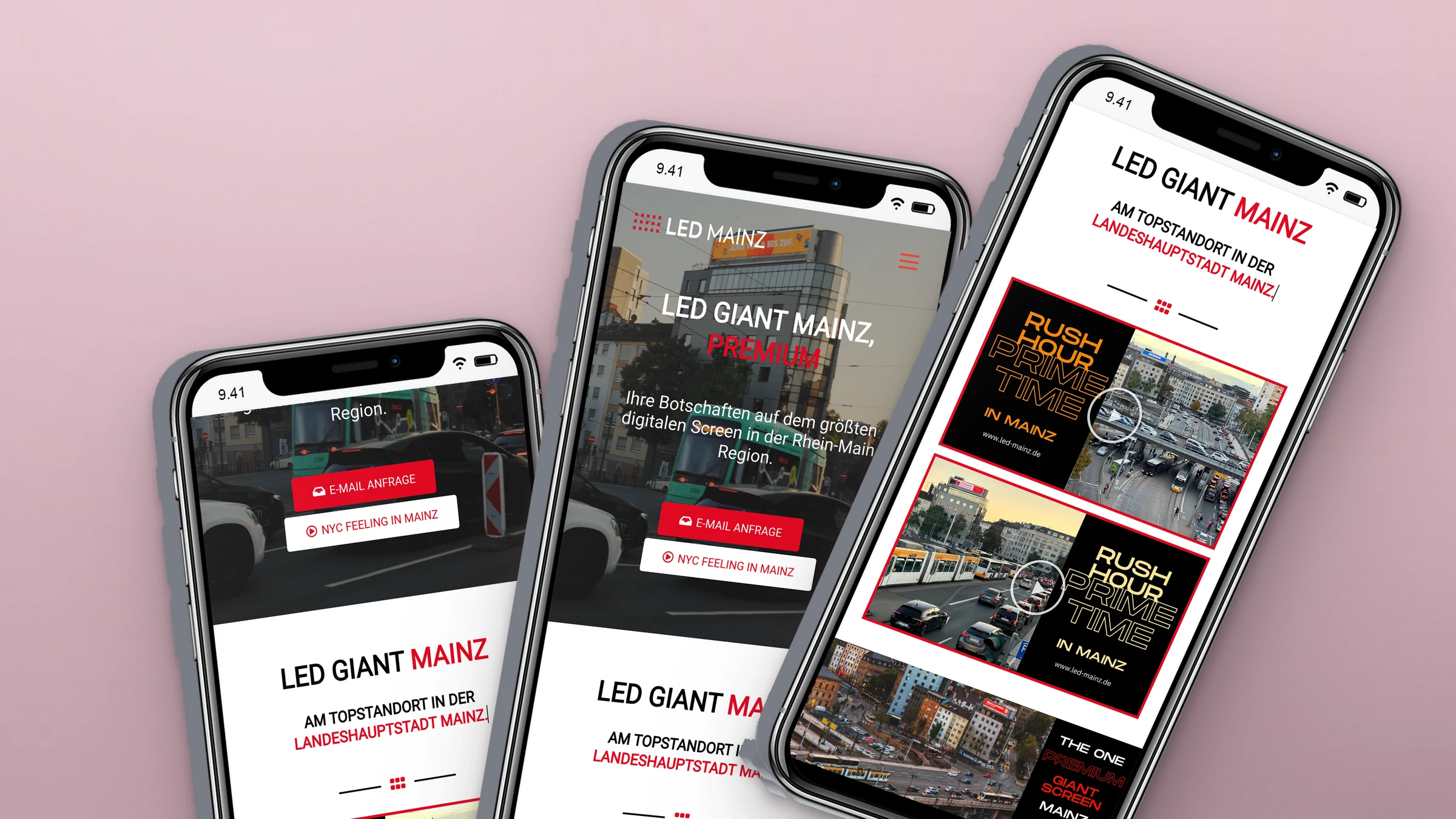 LED Giant Mainz 4 LED Giant Mainz website on three phones