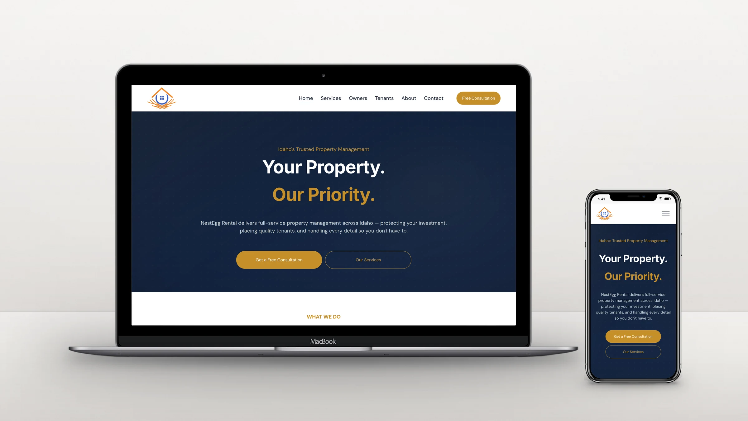 NestEgg Rental homepage on a laptop and a phone