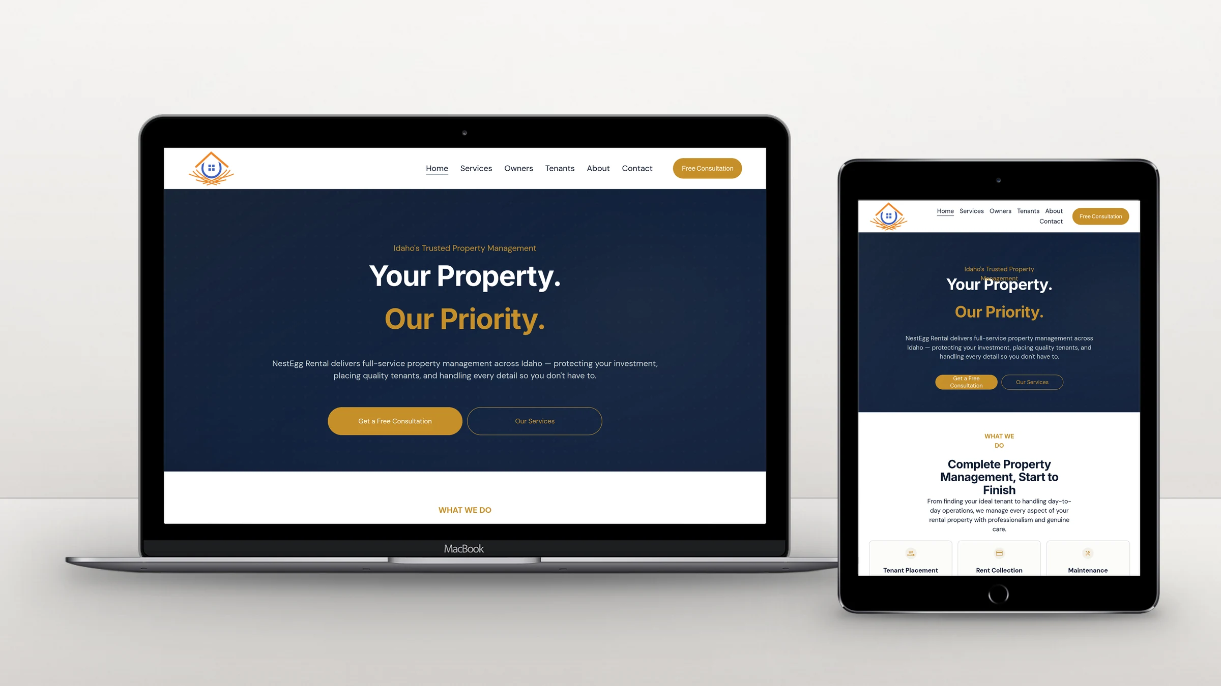 NestEgg Rental homepage on a laptop and a tablet