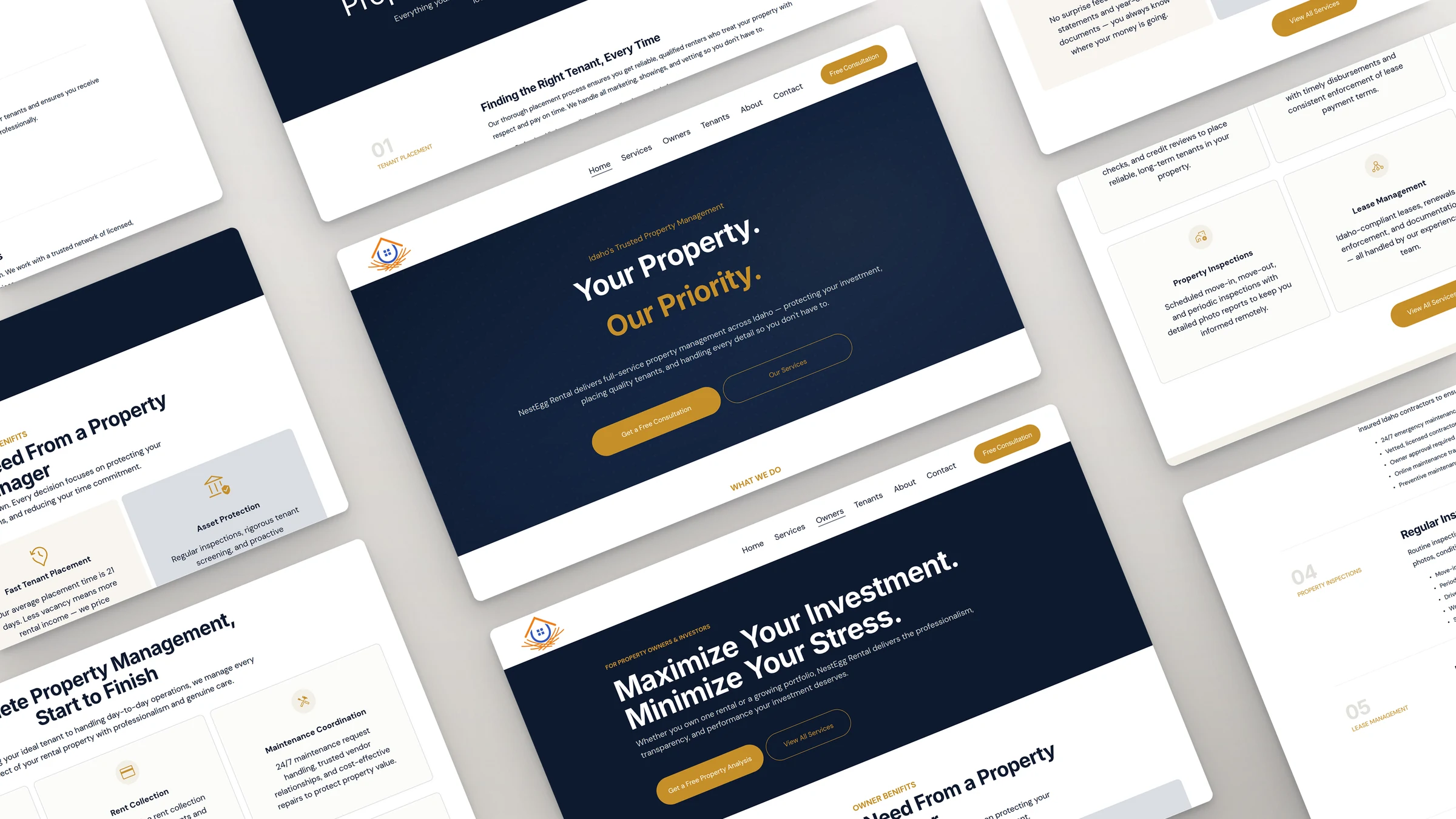 NestEgg Rental website sections laid out at an angle