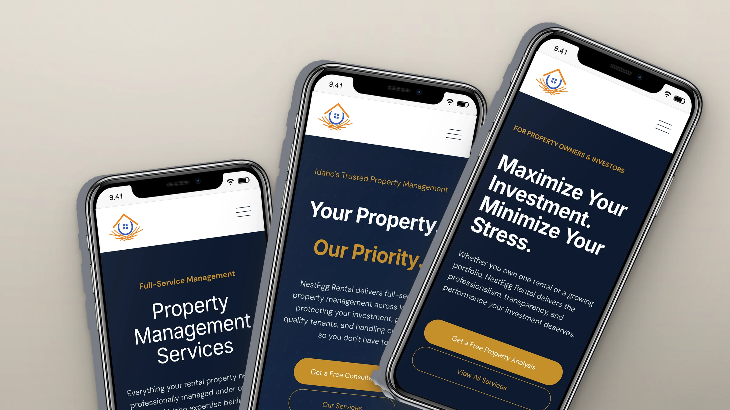 NestEgg Rental website on three phones