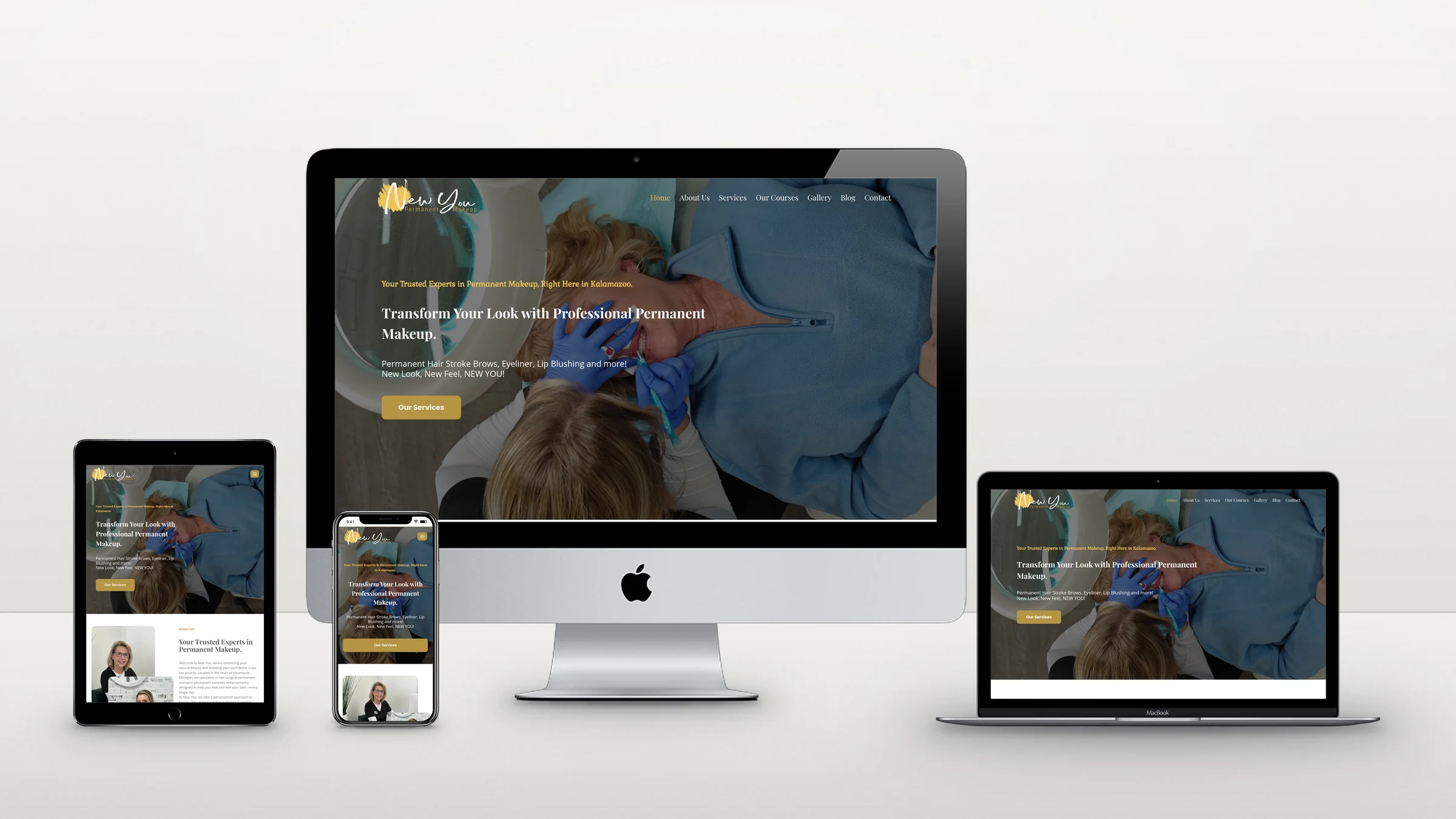 New You Permanent Makeup website on a desktop, laptop, tablet and phone