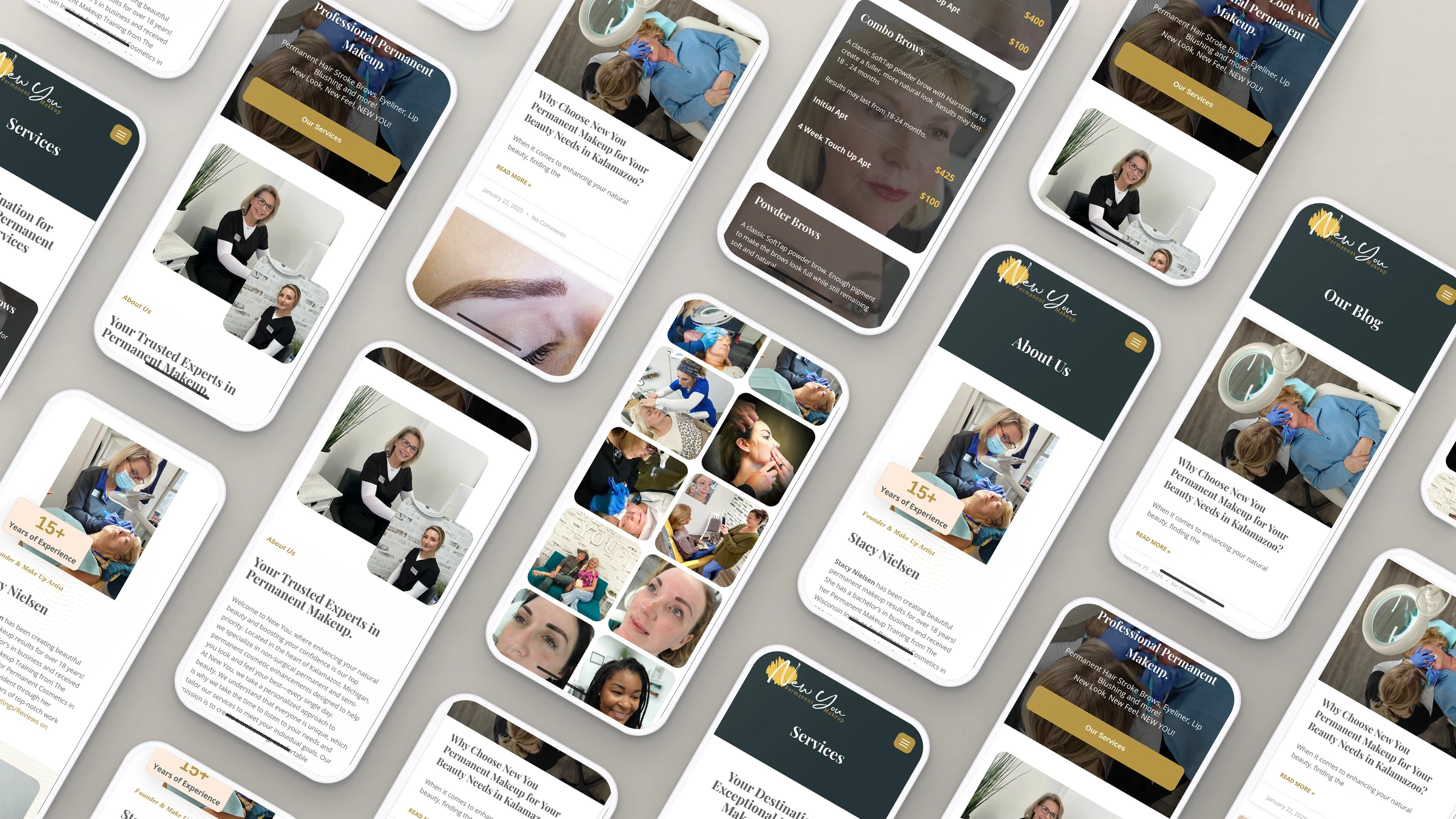 New You Permanent Makeup 5 New You Permanent Makeup website pages on rows of phones