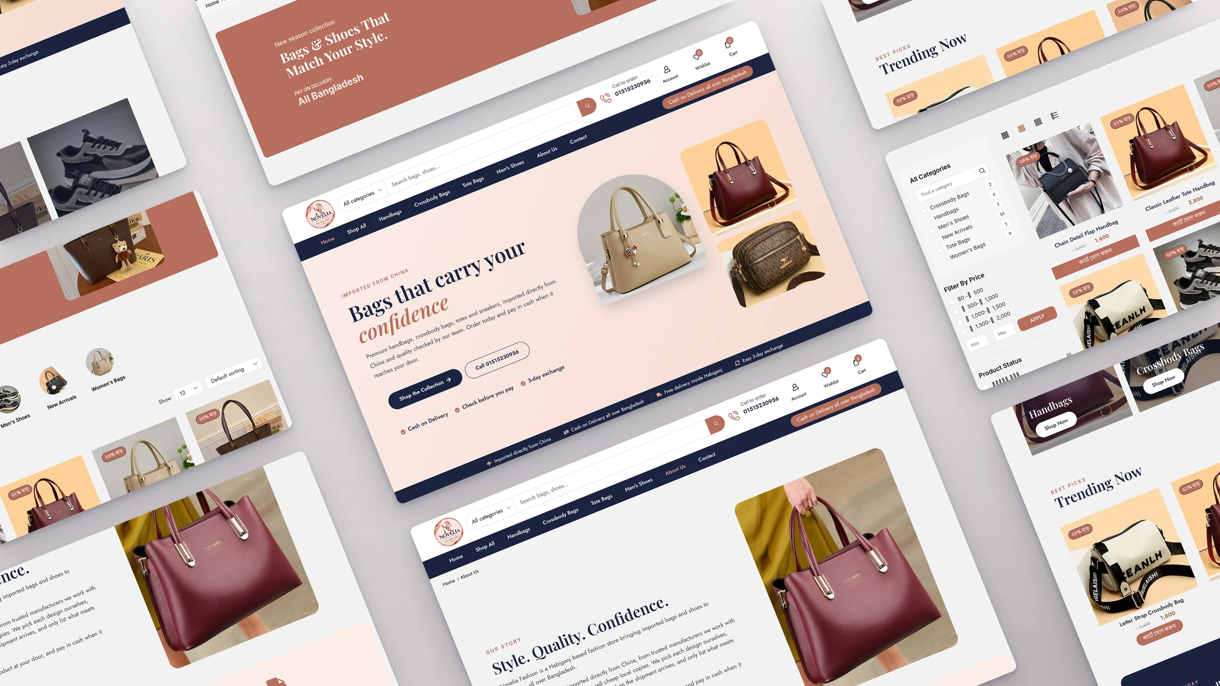 Novelia Fashion 3 Novelia Fashion website sections laid out at an angle