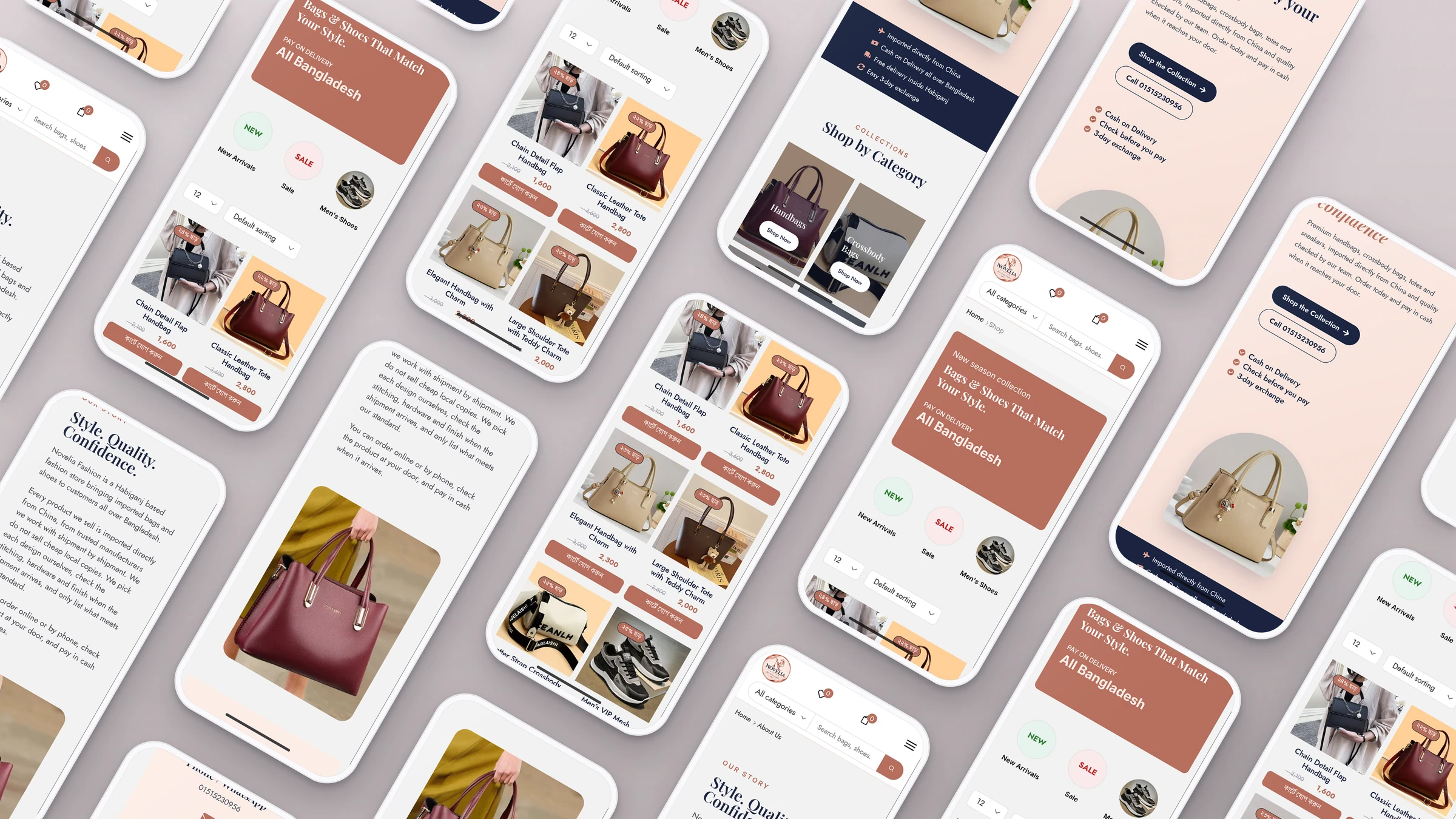 Novelia Fashion 2 Novelia Fashion website pages on rows of phones