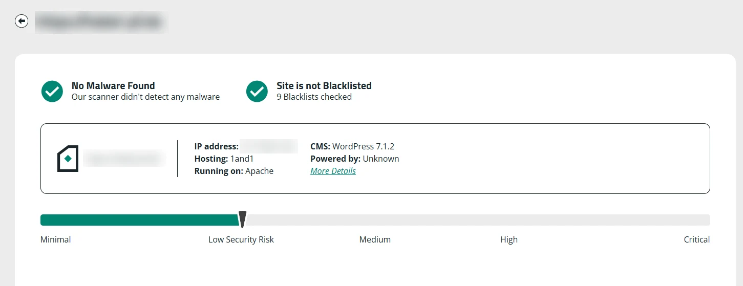 German School Website Malware Cleanup 3 External security scan after the cleanup showing no malware found, not blacklisted and low security risk