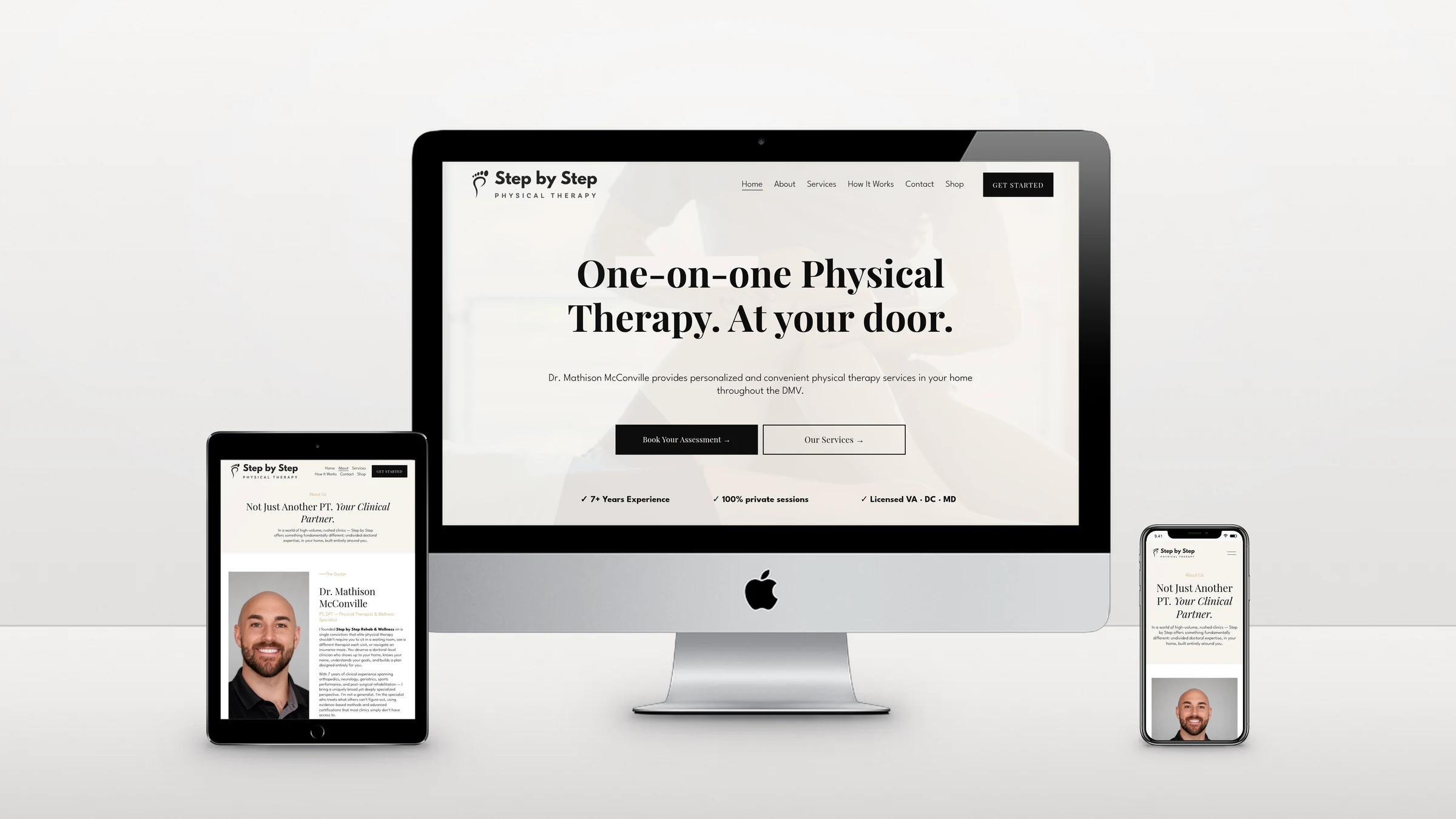 Step by Step Rehab website on a desktop computer, a tablet and a phone