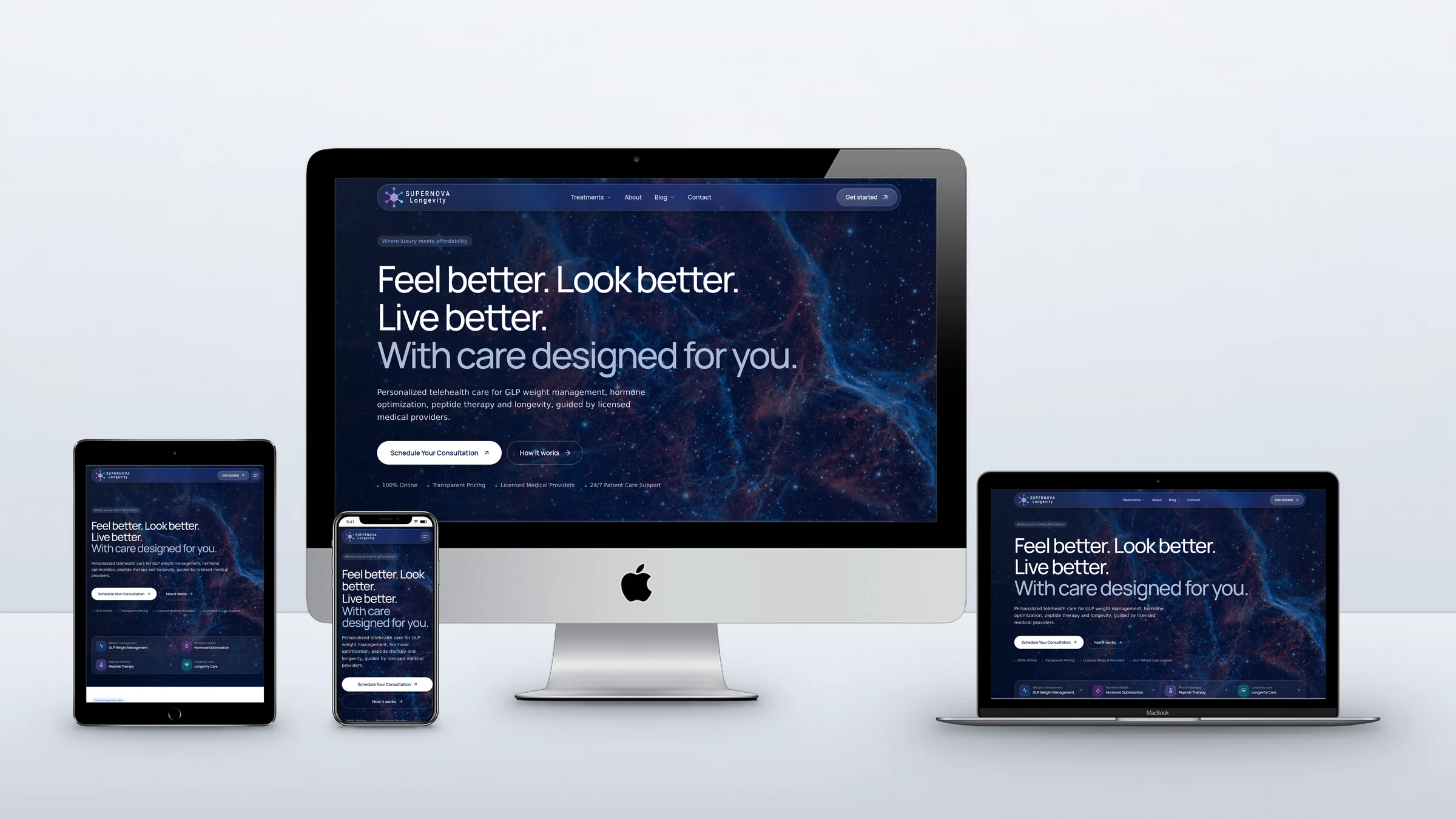 Supernova Longevity 2 Supernova Longevity website on a desktop, laptop, tablet and phone