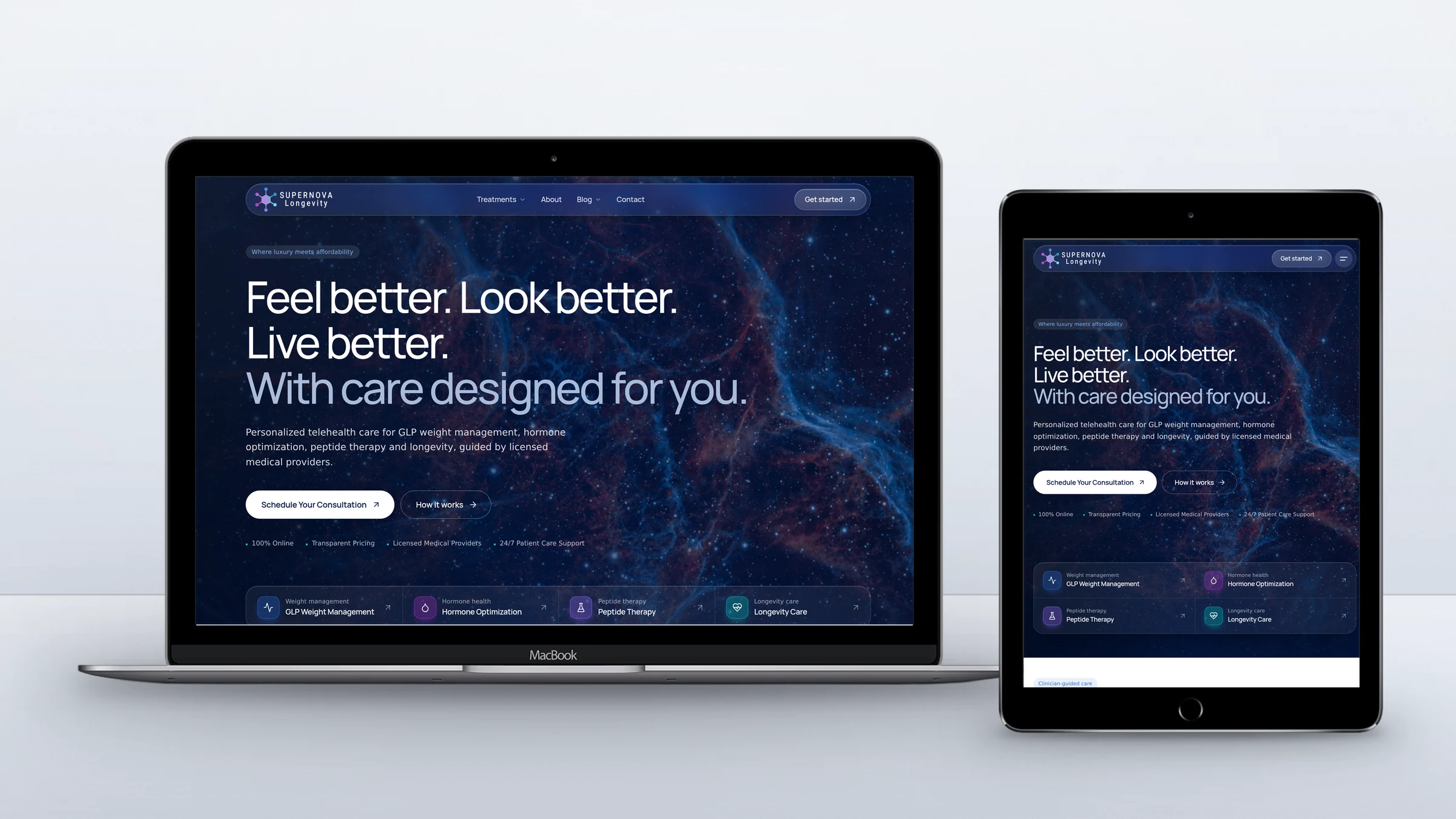 Supernova Longevity homepage on a laptop and a tablet