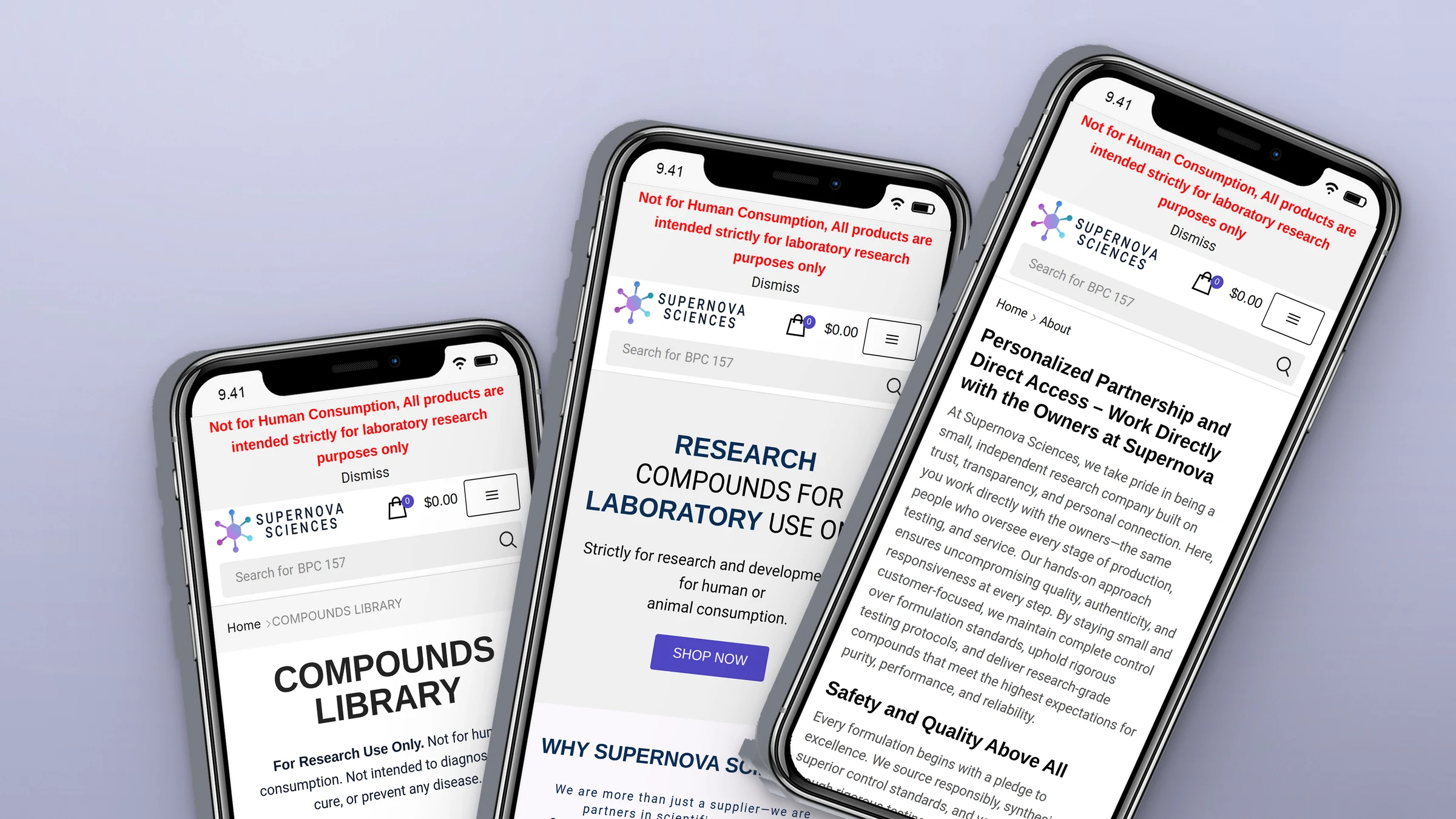 Supernova Sciences website on three phones