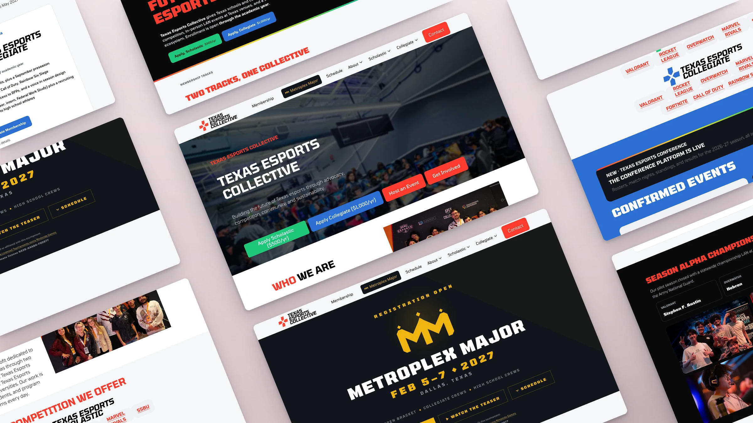 Texas Esports Collective 3 Texas Esports website sections laid out at an angle