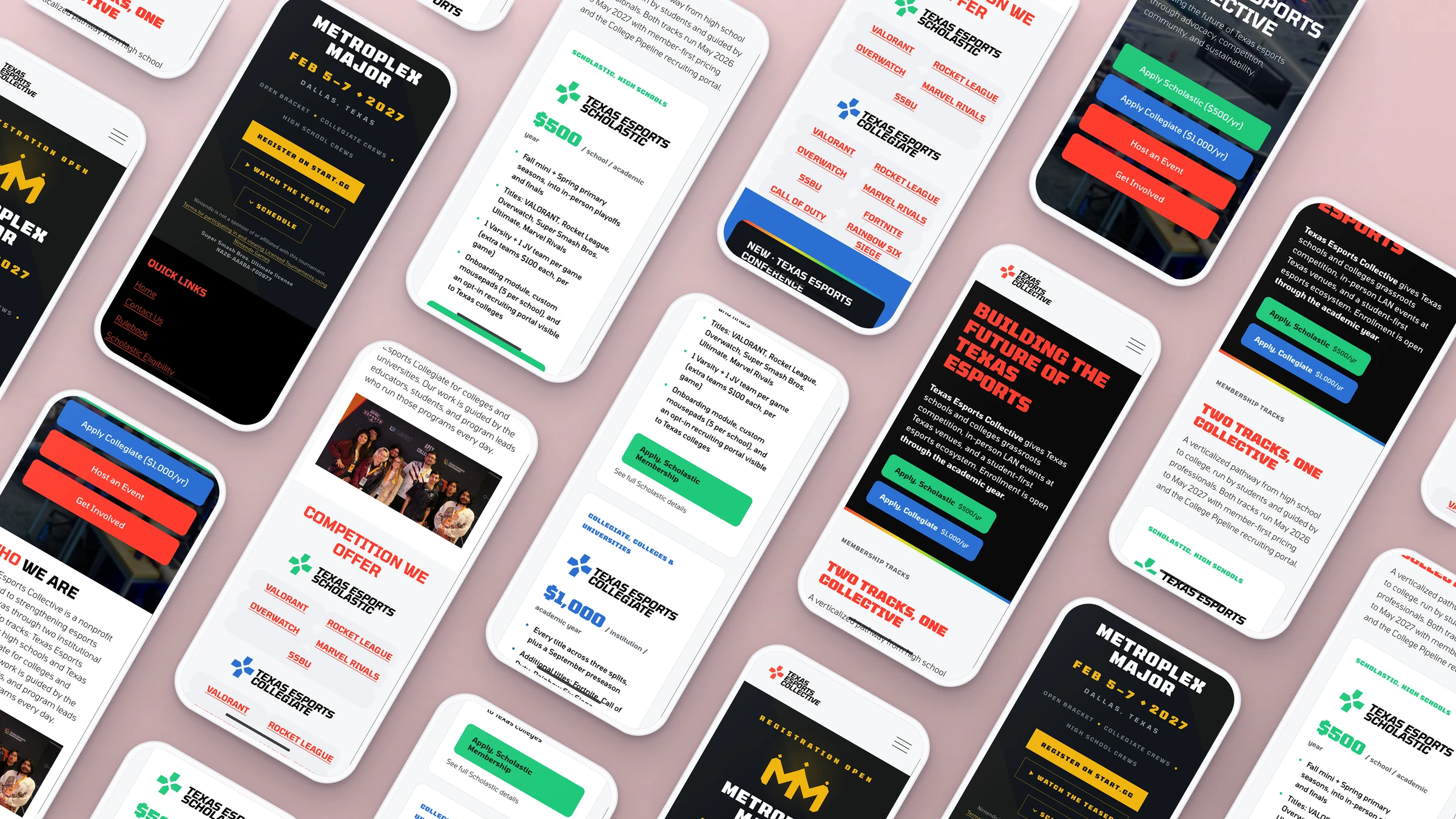 Texas Esports Collective 2 Texas Esports website pages on rows of phones